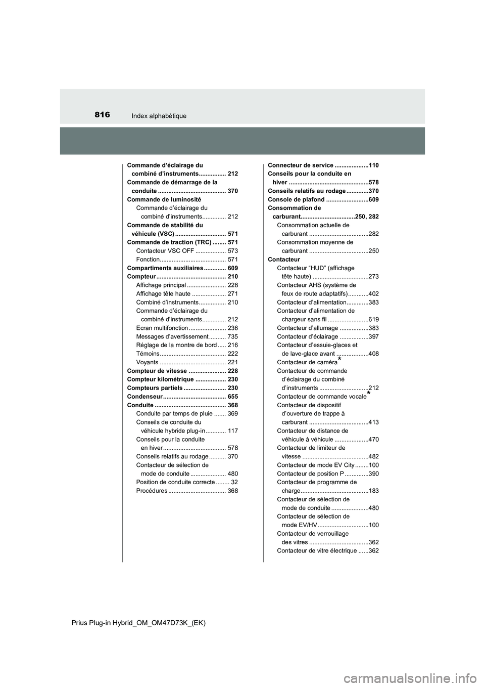 TOYOTA PRIUS PLUG-IN HYBRID 2021  Manuel du propriétaire (in French) 816Index alphabétique
Prius Plug-in Hybrid_OM_OM47D73K_(EK)
Commande d’éclairage du 
combiné d’instruments................ 212
Commande de démarrage de la 
conduite ...........................