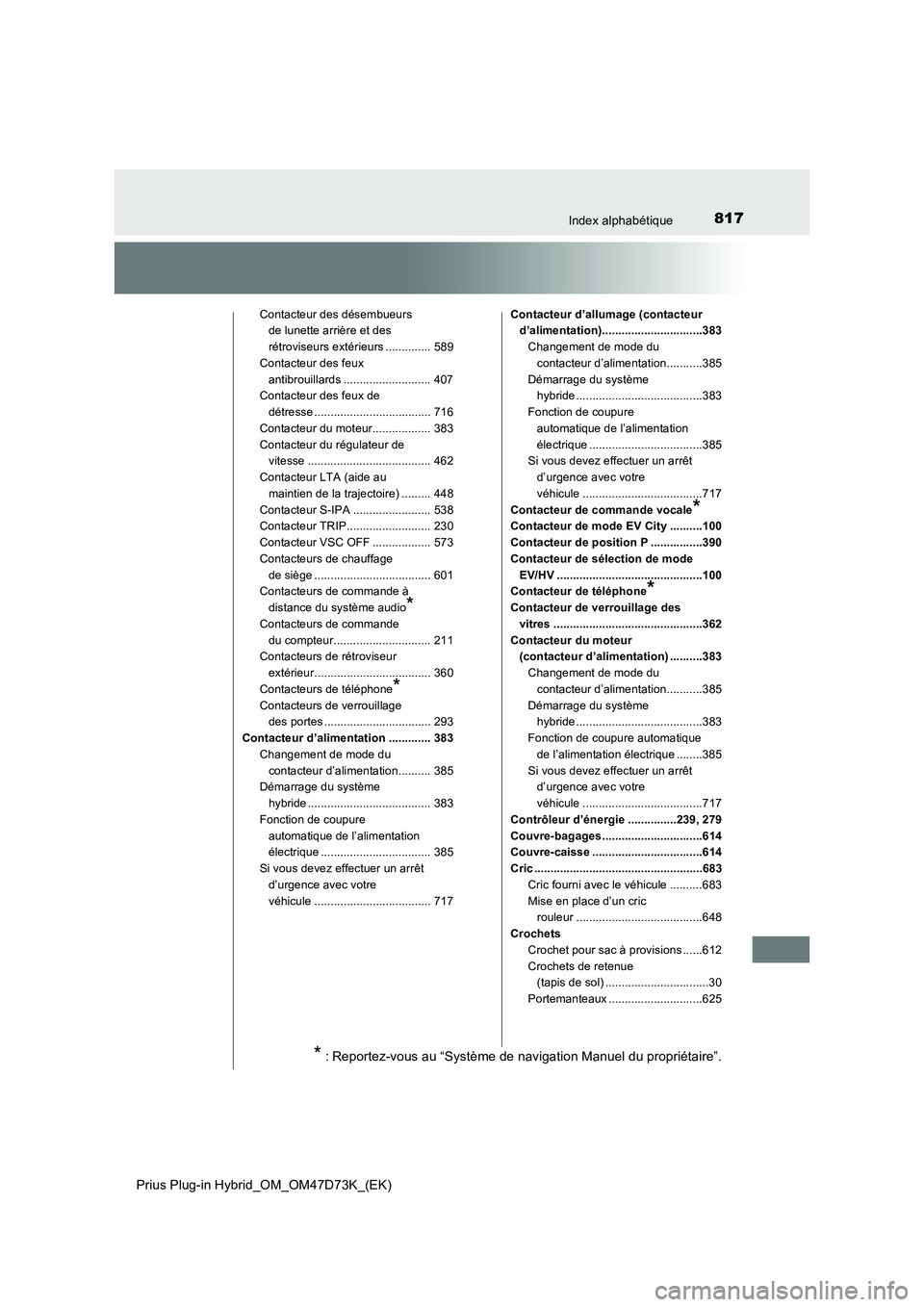 TOYOTA PRIUS PLUG-IN HYBRID 2021 Manuel du propriétaire (in French) 817Index alphabétique
Prius Plug-in Hybrid_OM_OM47D73K_(EK)
Contacteur des désembueurs
de lunette arrière et des
rétroviseurs extérieurs .............. 589
Contacteur des feux
antibrouillards TOYOTA PRIUS PLUG-IN HYBRID 2021 Manuel du propriétaire (in French) 817Index alphabétique
Prius Plug-in Hybrid_OM_OM47D73K_(EK)
Contacteur des désembueurs
de lunette arrière et des
rétroviseurs extérieurs .............. 589
Contacteur des feux
antibrouillards