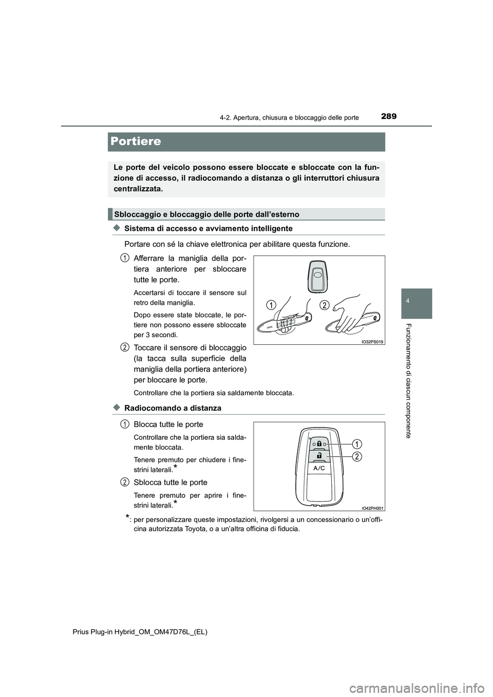 TOYOTA PRIUS PLUG-IN HYBRID 2021 Manuale duso (in Italian) 2894-2. Apertura, chiusura e bloccaggio delle porte
Prius Plug-in Hybrid_OM_OM47D76L_(EL)
4
Funzionamento di ciascun componente
Portiere
◆Sistema di accesso e avviamento intelligente
Portare con sé TOYOTA PRIUS PLUG-IN HYBRID 2021 Manuale duso (in Italian) 2894-2. Apertura, chiusura e bloccaggio delle porte
Prius Plug-in Hybrid_OM_OM47D76L_(EL)
4
Funzionamento di ciascun componente
Portiere
◆Sistema di accesso e avviamento intelligente
Portare con sé
