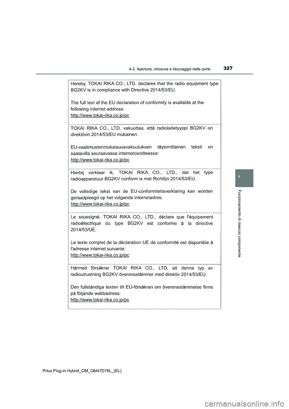 TOYOTA PRIUS PLUG-IN HYBRID 2021 Manuale duso (in Italian) 3274-2. Apertura, chiusura e bloccaggio delle porte
Prius Plug-in Hybrid_OM_OM47D76L_(EL)
4
Funzionamento di ciascun componente TOYOTA PRIUS PLUG-IN HYBRID 2021 Manuale duso (in Italian) 3274-2. Apertura, chiusura e bloccaggio delle porte
Prius Plug-in Hybrid_OM_OM47D76L_(EL)
4
Funzionamento di ciascun componente