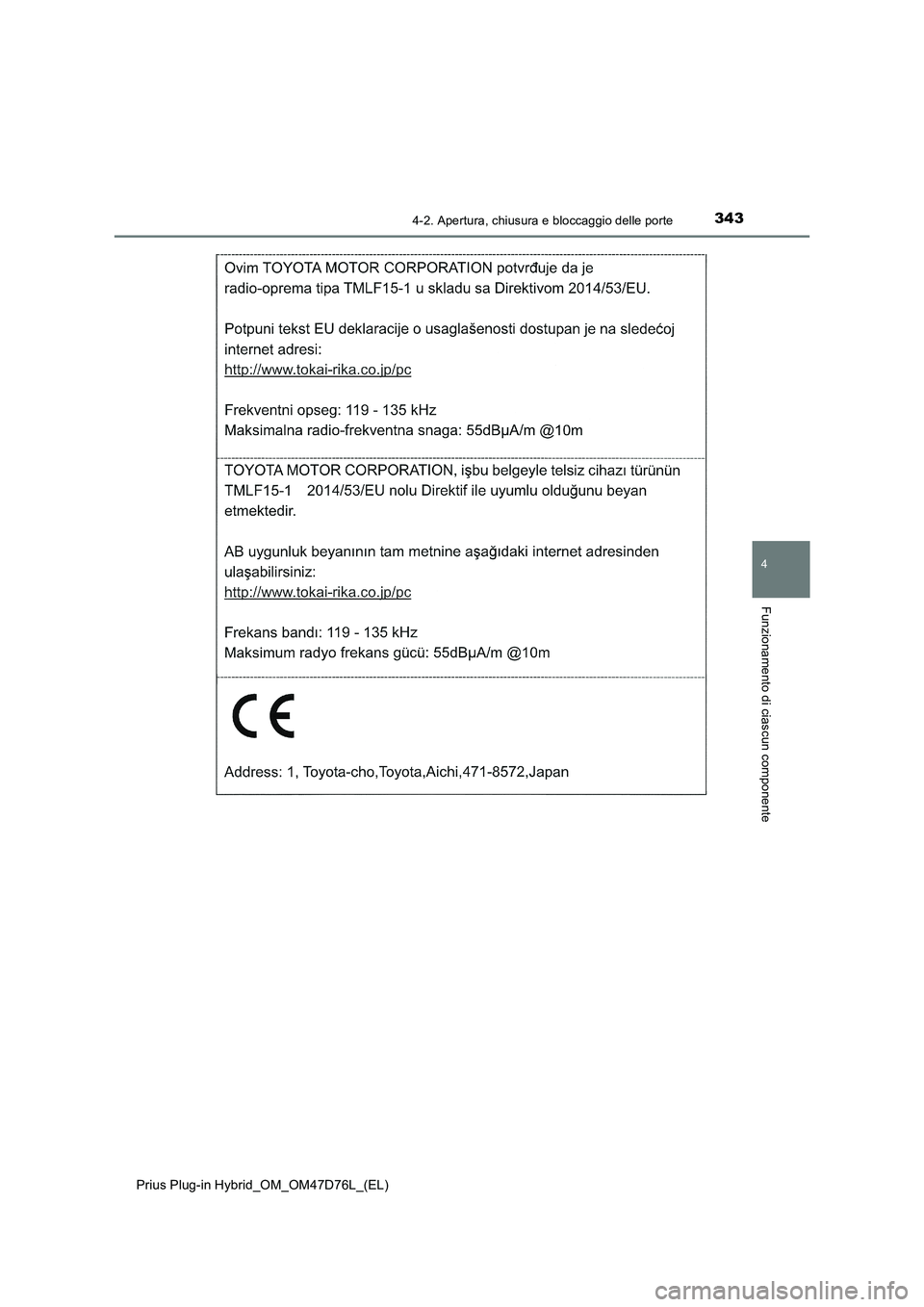 TOYOTA PRIUS PLUG-IN HYBRID 2021 Manuale duso (in Italian) 3434-2. Apertura, chiusura e bloccaggio delle porte
Prius Plug-in Hybrid_OM_OM47D76L_(EL)
4
Funzionamento di ciascun componente TOYOTA PRIUS PLUG-IN HYBRID 2021 Manuale duso (in Italian) 3434-2. Apertura, chiusura e bloccaggio delle porte
Prius Plug-in Hybrid_OM_OM47D76L_(EL)
4
Funzionamento di ciascun componente