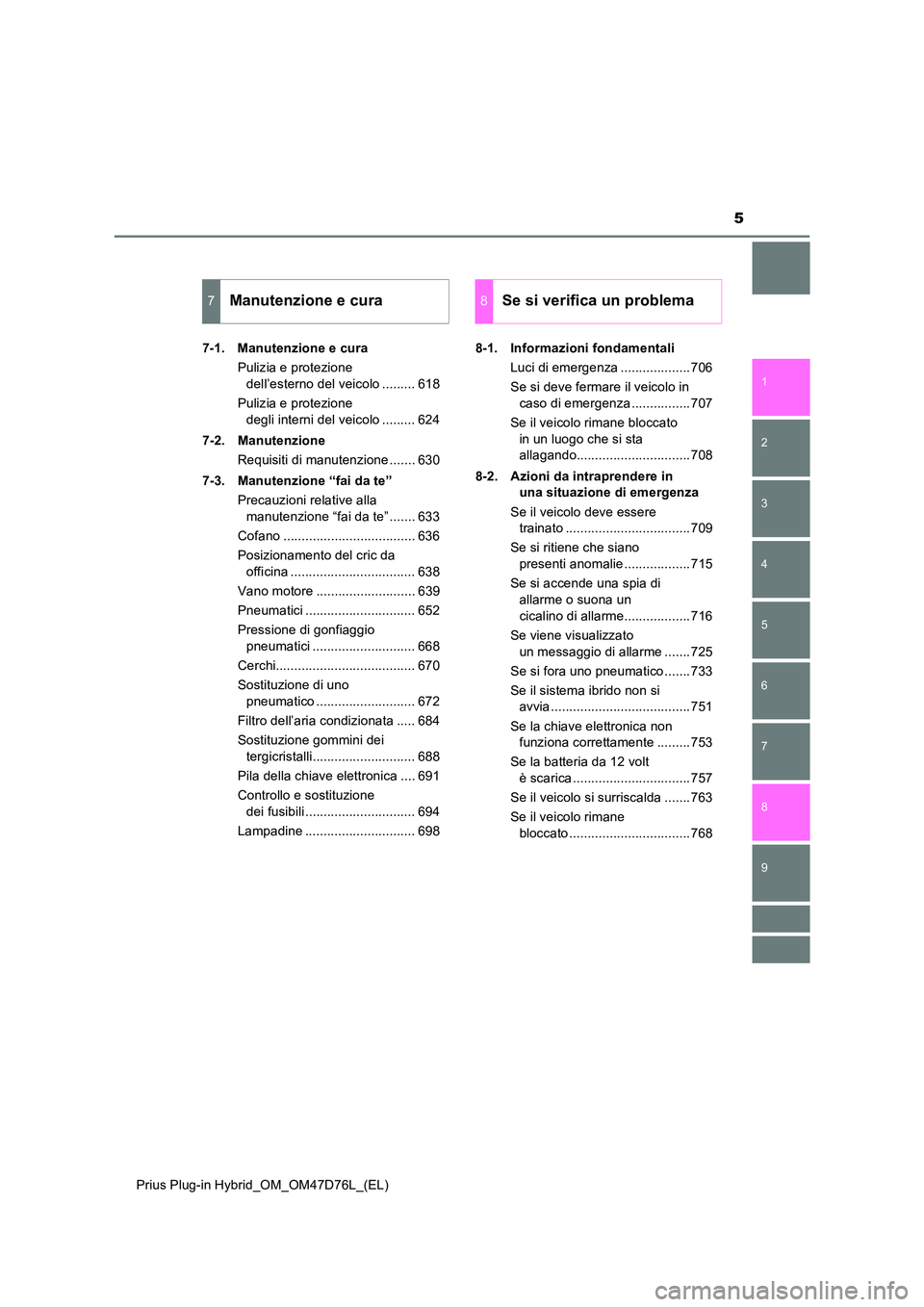 TOYOTA PRIUS PLUG-IN HYBRID 2021  Manuale duso (in Italian) 5
1 
9 
8
7
6
5
4 
2
Prius Plug-in Hybrid_OM_OM47D76L_(EL)
3
7-1. Manutenzione e cura 
Pulizia e protezione  
dell’esterno del veicolo ......... 618 
Pulizia e protezione  
degli interni del veicolo