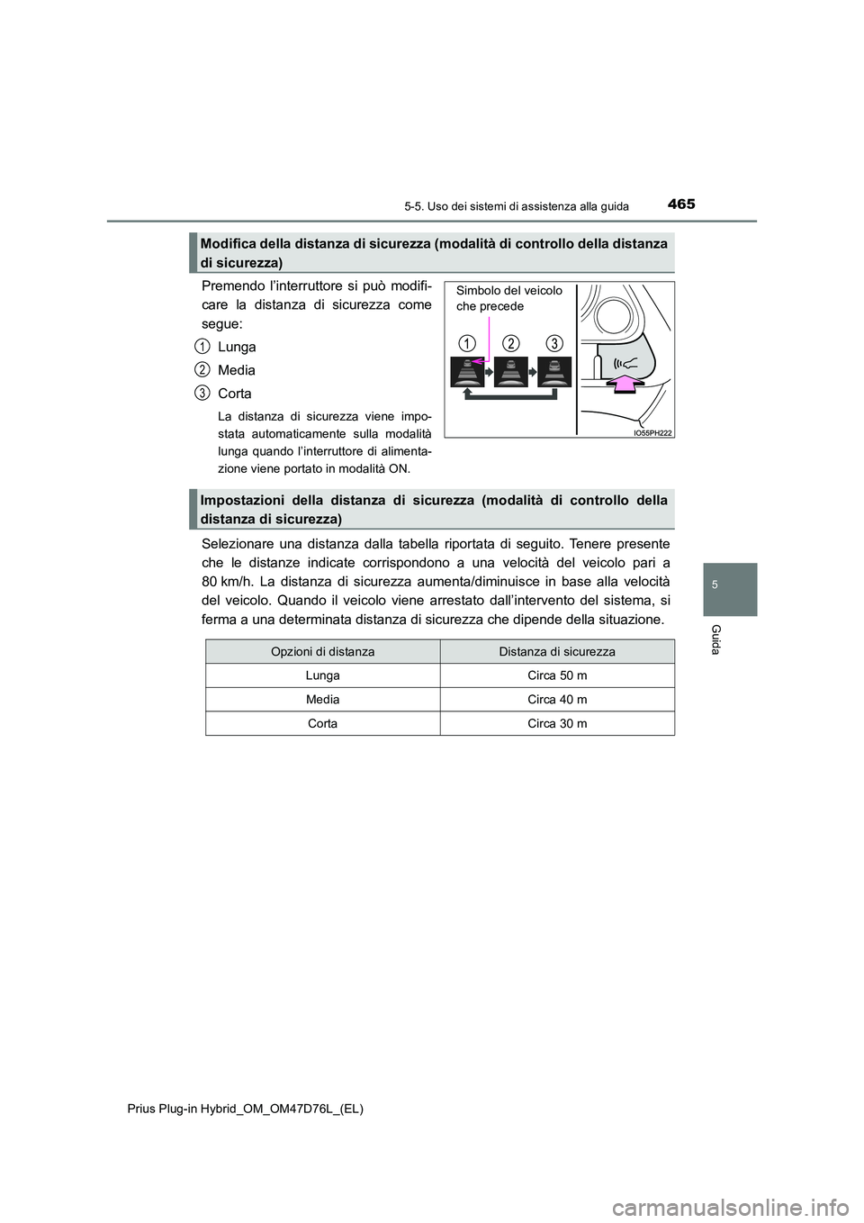 TOYOTA PRIUS PLUG-IN HYBRID 2021 Manuale duso (in Italian) 4655-5. Uso dei sistemi di assistenza alla guida
Prius Plug-in Hybrid_OM_OM47D76L_(EL)
5
Guida
Premendo l’interruttore si può modifi-
care la distanza di sicurezza come
segue:
Lunga
Media
Corta TOYOTA PRIUS PLUG-IN HYBRID 2021 Manuale duso (in Italian) 4655-5. Uso dei sistemi di assistenza alla guida
Prius Plug-in Hybrid_OM_OM47D76L_(EL)
5
Guida
Premendo l’interruttore si può modifi-
care la distanza di sicurezza come
segue:
Lunga
Media
Corta