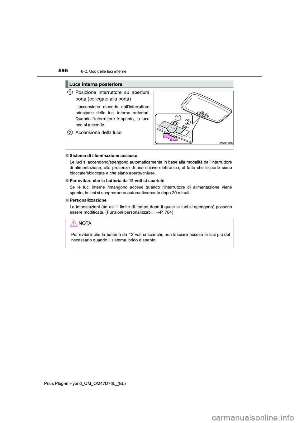 TOYOTA PRIUS PLUG-IN HYBRID 2021 Manuale duso (in Italian) 5966-2. Uso delle luci interne
Prius Plug-in Hybrid_OM_OM47D76L_(EL)
Posizione interruttore su apertura
porta (collegato alla porta)
L’accensione dipende dall’interruttore
principale delle luci in TOYOTA PRIUS PLUG-IN HYBRID 2021 Manuale duso (in Italian) 5966-2. Uso delle luci interne
Prius Plug-in Hybrid_OM_OM47D76L_(EL)
Posizione interruttore su apertura
porta (collegato alla porta)
L’accensione dipende dall’interruttore
principale delle luci in