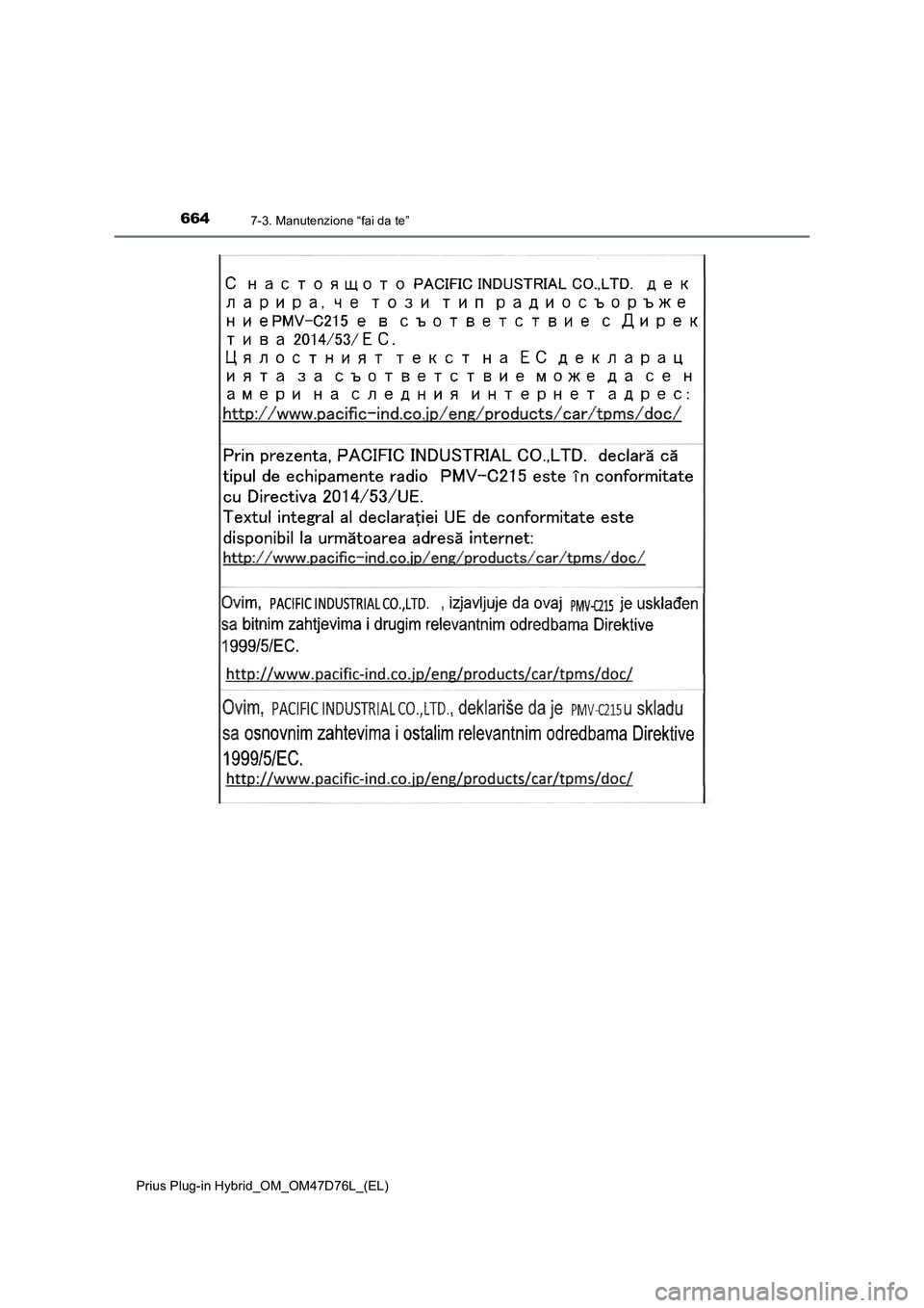 TOYOTA PRIUS PLUG-IN HYBRID 2021 Manuale duso (in Italian) 6647-3. Manutenzione “fai da te”
Prius Plug-in Hybrid_OM_OM47D76L_(EL) TOYOTA PRIUS PLUG-IN HYBRID 2021 Manuale duso (in Italian) 6647-3. Manutenzione “fai da te”
Prius Plug-in Hybrid_OM_OM47D76L_(EL)