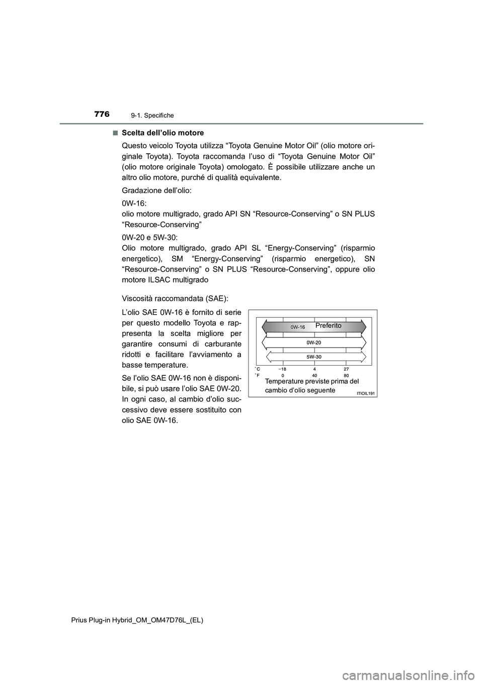 TOYOTA PRIUS PLUG-IN HYBRID 2021 Manuale duso (in Italian) 7769-1. Specifiche
Prius Plug-in Hybrid_OM_OM47D76L_(EL)■
Scelta dell’olio motore
Questo veicolo Toyota utilizza “Toyota Genuine Motor Oil” (olio motore ori-
ginale Toyota). Toyota raccomanda TOYOTA PRIUS PLUG-IN HYBRID 2021 Manuale duso (in Italian) 7769-1. Specifiche
Prius Plug-in Hybrid_OM_OM47D76L_(EL)■
Scelta dell’olio motore
Questo veicolo Toyota utilizza “Toyota Genuine Motor Oil” (olio motore ori-
ginale Toyota). Toyota raccomanda