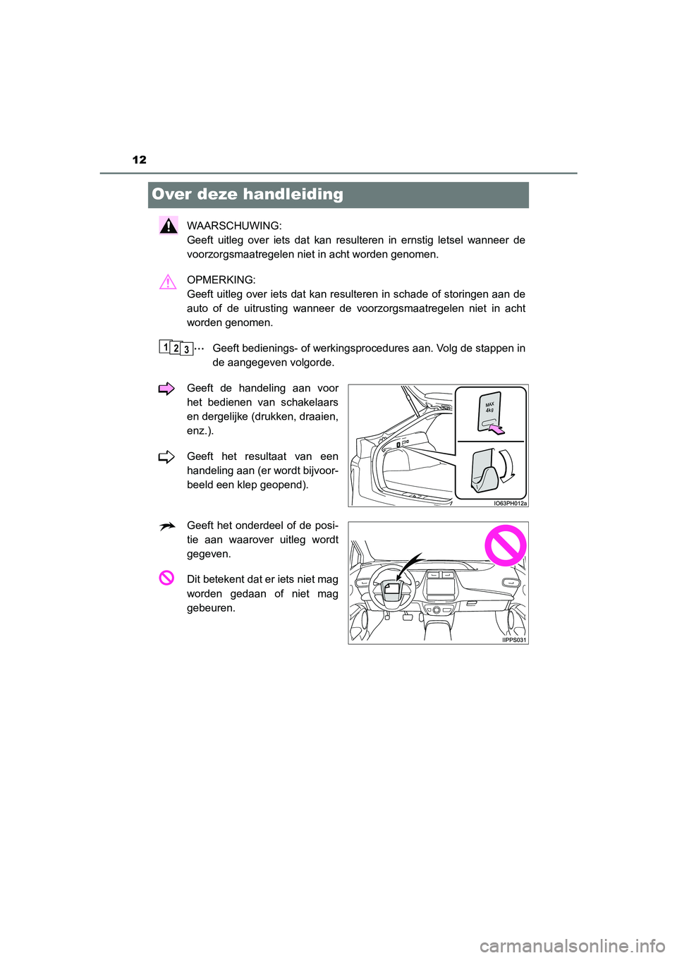 TOYOTA PRIUS PLUG-IN HYBRID 2021 Instructieboekje (in Dutch) 12
Prius Plug-in Hybrid_OM_OM47E75E_(EE)
Over deze handleiding
WAARSCHUWING:
Geeft uitleg over iets dat kan resulteren in ernstig letsel wanneer de
voorzorgsmaatregelen niet in acht worden genomen.
O TOYOTA PRIUS PLUG-IN HYBRID 2021 Instructieboekje (in Dutch) 12
Prius Plug-in Hybrid_OM_OM47E75E_(EE)
Over deze handleiding
WAARSCHUWING:
Geeft uitleg over iets dat kan resulteren in ernstig letsel wanneer de
voorzorgsmaatregelen niet in acht worden genomen.
O