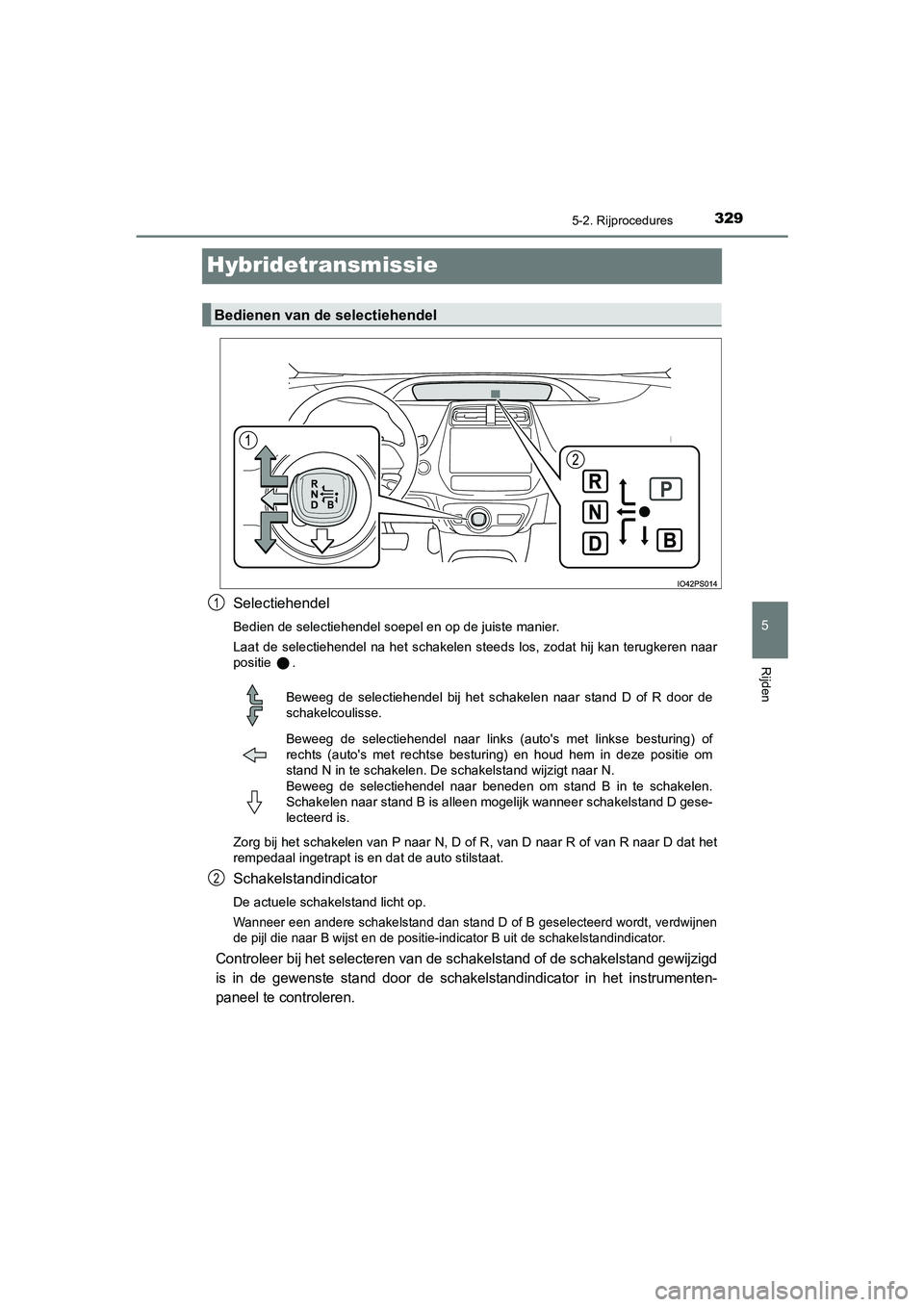 TOYOTA PRIUS PLUG-IN HYBRID 2021 Instructieboekje (in Dutch) 3295-2. Rijprocedures
Prius Plug-in Hybrid_OM_OM47E75E_(EE)
5
Rijden
Hybridetransmissie
Selectiehendel
Bedien de selectiehendel soepel en op de juiste manier.
Laat de selectiehendel na het schakelen s TOYOTA PRIUS PLUG-IN HYBRID 2021 Instructieboekje (in Dutch) 3295-2. Rijprocedures
Prius Plug-in Hybrid_OM_OM47E75E_(EE)
5
Rijden
Hybridetransmissie
Selectiehendel
Bedien de selectiehendel soepel en op de juiste manier.
Laat de selectiehendel na het schakelen s