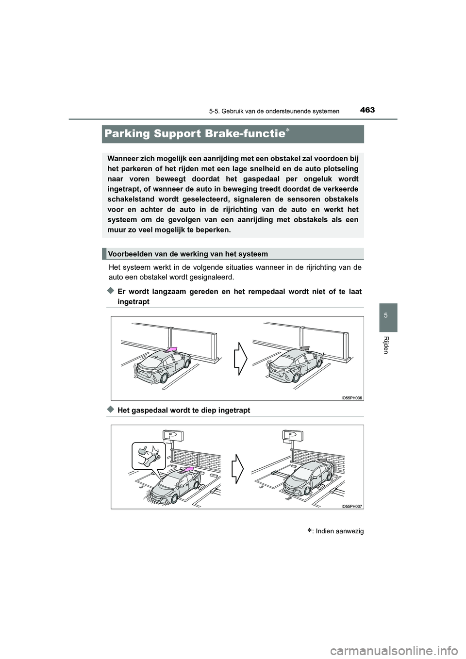 TOYOTA PRIUS PLUG-IN HYBRID 2021  Instructieboekje (in Dutch) 4635-5. Gebruik van de ondersteunende systemen
Prius Plug-in Hybrid_OM_OM47E75E_(EE)
5
Rijden
Parking Suppor t Brake-functie
Het systeem werkt in de volgende situaties wanneer in de rijrichting van