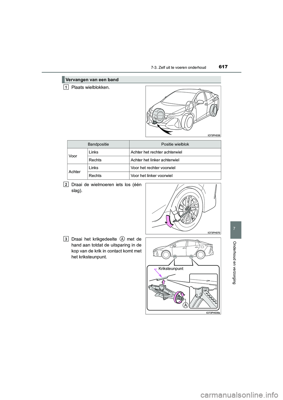 TOYOTA PRIUS PLUG-IN HYBRID 2021 Instructieboekje (in Dutch) 6177-3. Zelf uit te voeren onderhoud
Prius Plug-in Hybrid_OM_OM47E75E_(EE)
7
Onderhoud en verzorging
Plaats wielblokken.
Draai de wielmoeren iets los (één
slag).
Draai het krikgedeelte met de
hand TOYOTA PRIUS PLUG-IN HYBRID 2021 Instructieboekje (in Dutch) 6177-3. Zelf uit te voeren onderhoud
Prius Plug-in Hybrid_OM_OM47E75E_(EE)
7
Onderhoud en verzorging
Plaats wielblokken.
Draai de wielmoeren iets los (één
slag).
Draai het krikgedeelte met de
hand