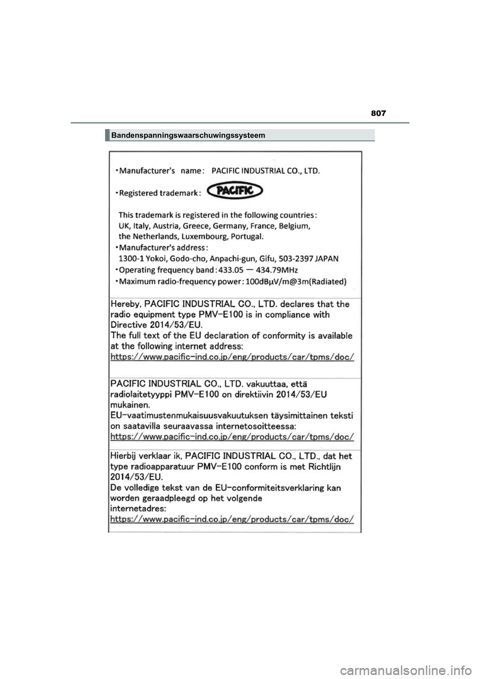 TOYOTA PRIUS PLUG-IN HYBRID 2021  Instructieboekje (in Dutch) 807
Prius Plug-in Hybrid_OM_OM47E75E_(EE)
Bandenspanningswaarschuwingssysteem
Prius Plug-in Hybrid_OM_OM47E75E_(EE).book  Page 807  Tuesday, May 11, 2021  9:32 AM 