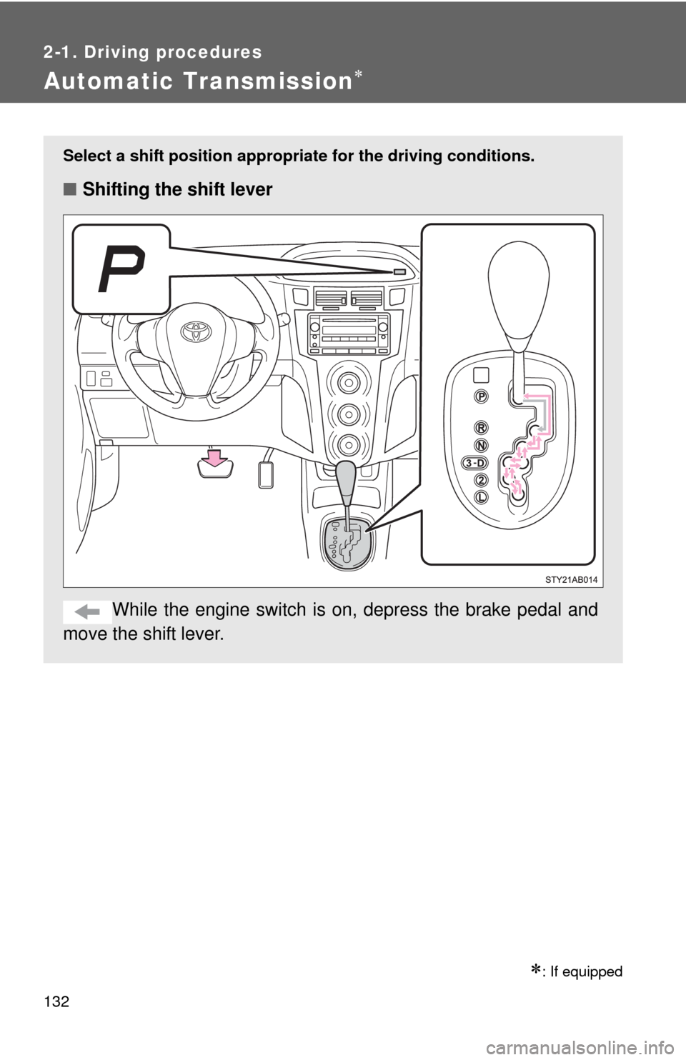 TOYOTA YARIS 2010 3.G Owners Manual 132
2-1. Driving procedures
Automatic Transmission
: If equipped
Select a shift position appropriate for the driving conditions.
■Shifting the shift lever
While the engine switch is on, depres