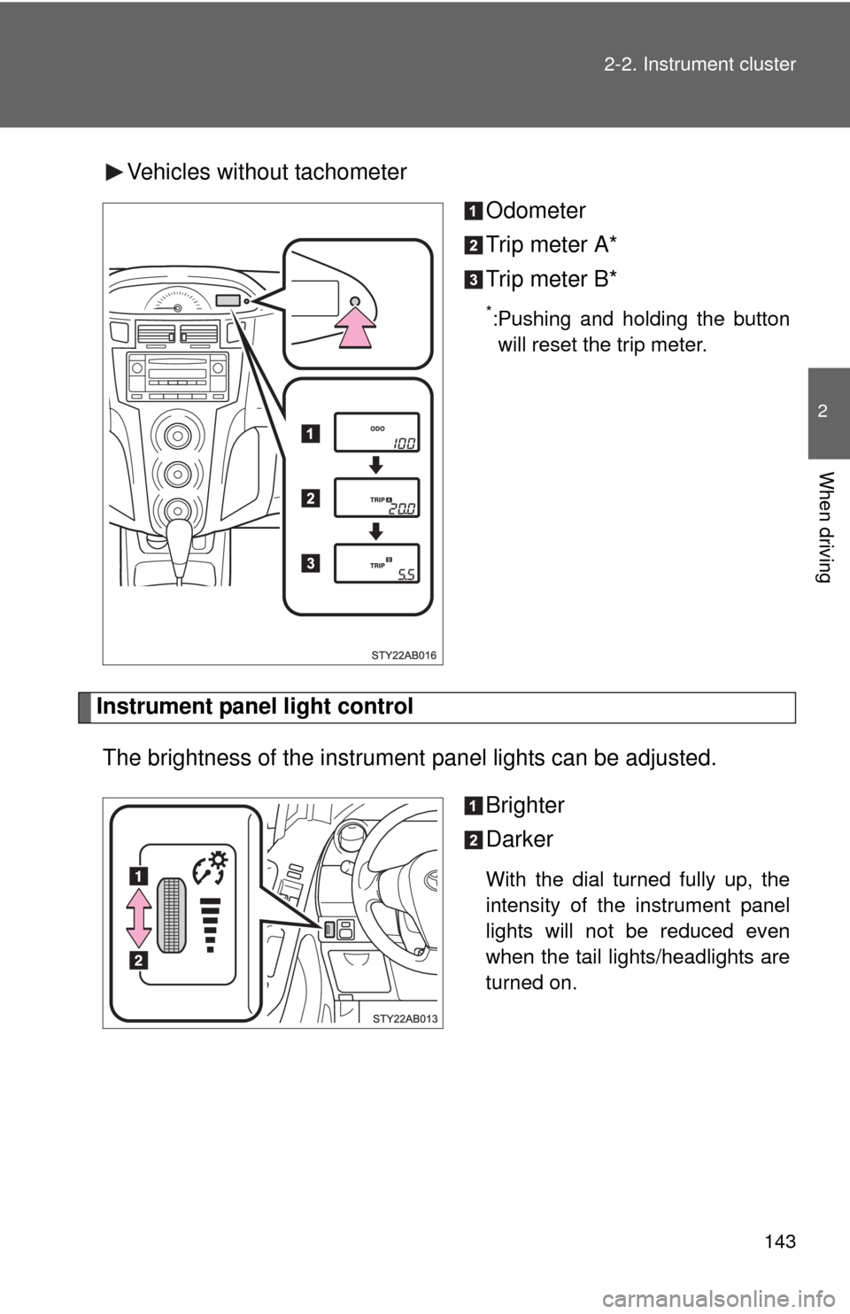 TOYOTA YARIS 2010 3.G Owners Manual 143 2-2. Instrument cluster
2
When driving
Vehicles without tachometer
Odometer
Trip meter A*
Trip meter B*
*:Pushing and holding the button
will reset the trip meter.
Instrument panel light control
T