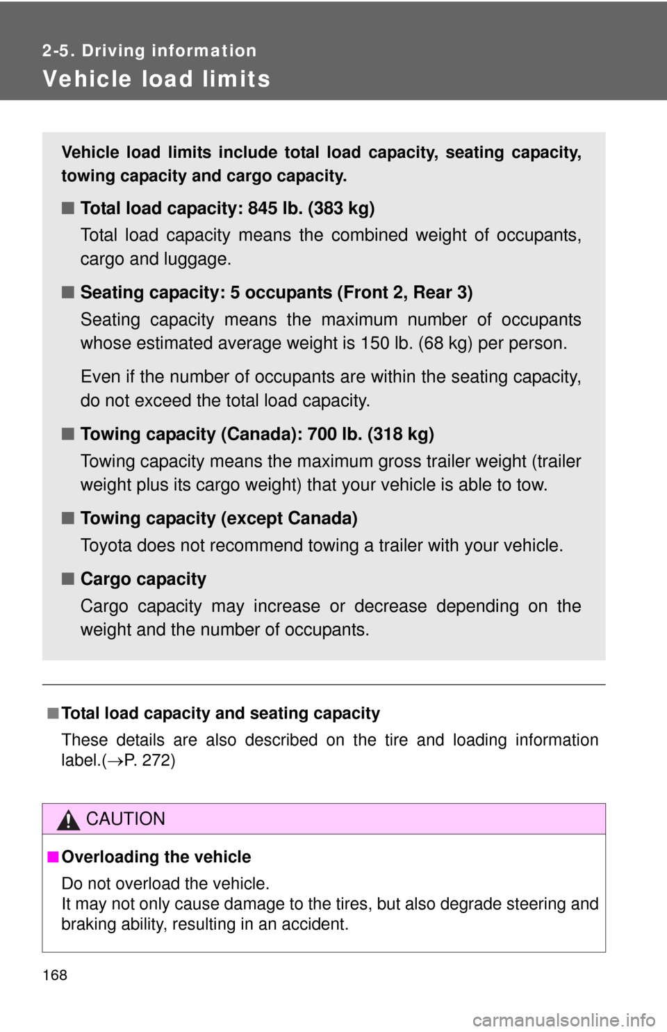 TOYOTA YARIS 2010 3.G Owners Manual 168
2-5. Driving information
Vehicle load limits
■Total load capacity and seating capacity
These details are also described on the tire and loading information
label.(P. 272)
CAUTION
■Overloadi