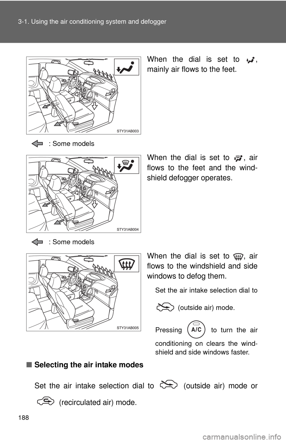 TOYOTA YARIS 2010 3.G Owners Manual 188 3-1. Using the air conditioning system and defogger
When the dial is set to  ,
mainly air flows to the feet.
: Some models
When the dial is set to  , air
flows to the feet and the wind-
shield def