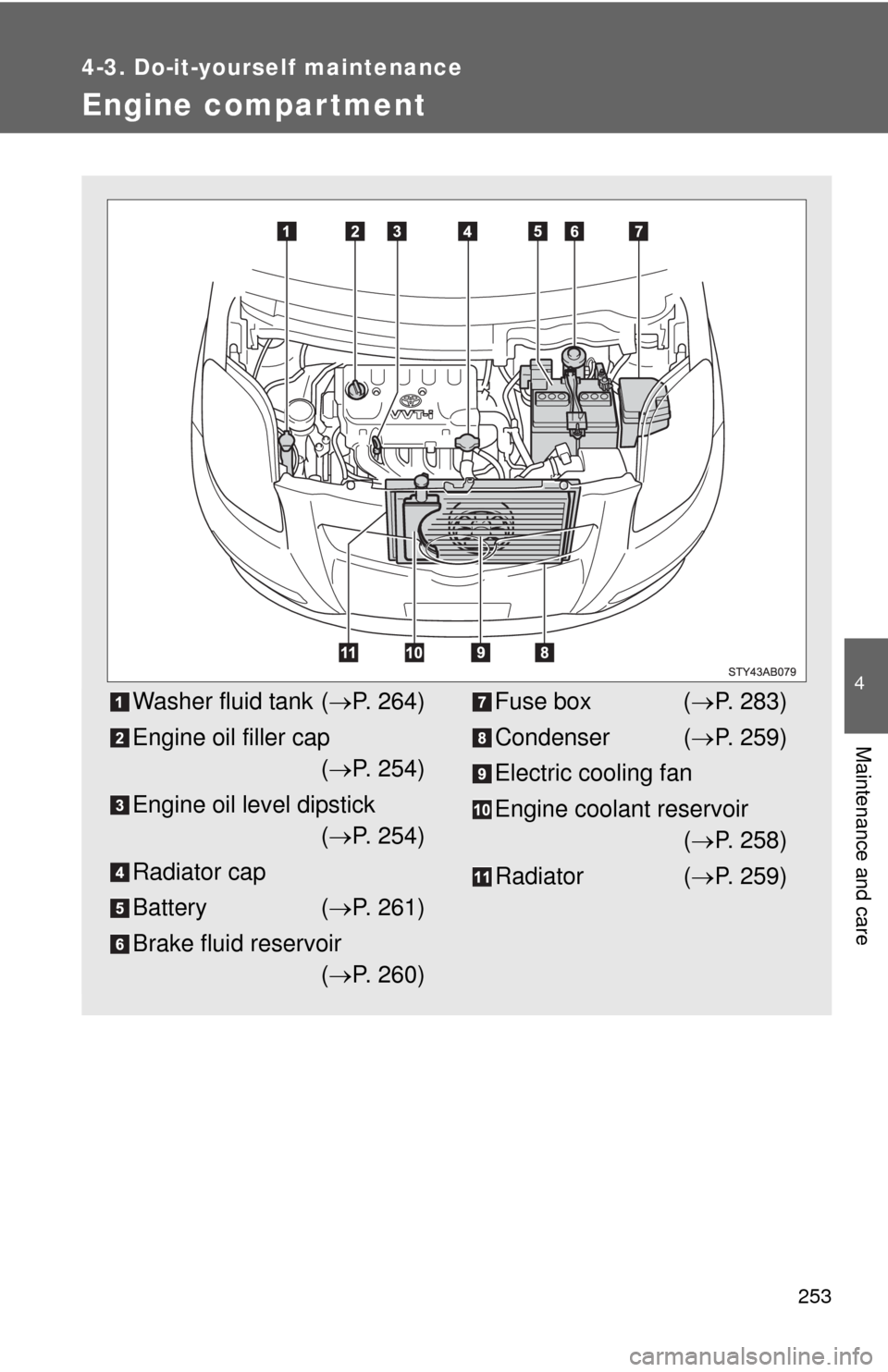 TOYOTA YARIS 2010 3.G Owners Manual 253
4-3. Do-it-yourself maintenance
4
Maintenance and care
Engine compar tment
Washer fluid tank (P. 264)
Engine oil filler cap
(P. 254)
Engine oil level dipstick
(P. 254)
Radiator cap
Batter TOYOTA YARIS 2010 3.G Owners Manual 253
4-3. Do-it-yourself maintenance
4
Maintenance and care
Engine compar tment
Washer fluid tank (P. 264)
Engine oil filler cap
(P. 254)
Engine oil level dipstick
(P. 254)
Radiator cap
Batter
