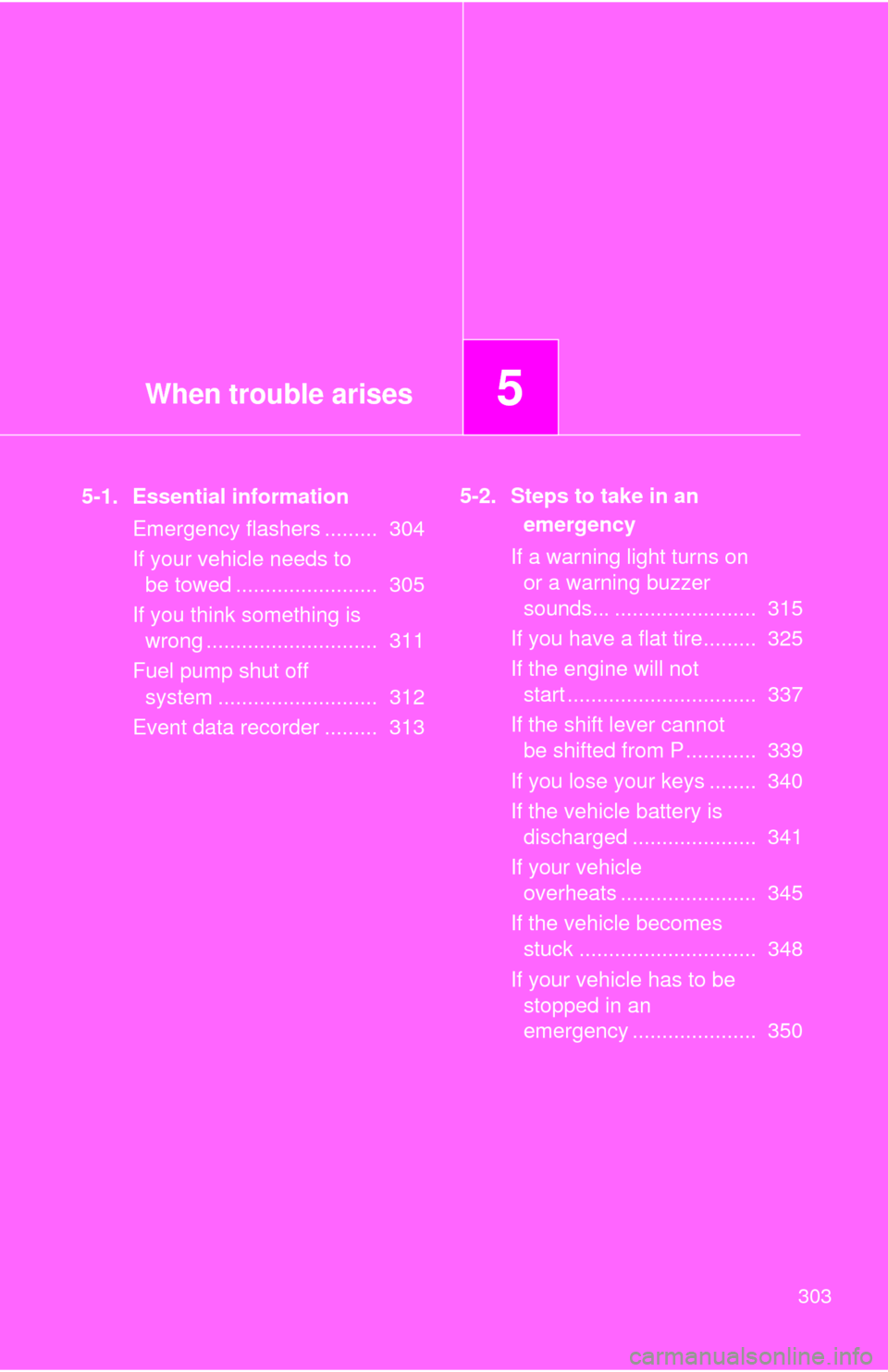 TOYOTA YARIS 2010 3.G Owners Manual When trouble arises5
303
5-1. Essential information
Emergency flashers .........  304
If your vehicle needs to 
be towed ........................  305
If you think something is 
wrong ................