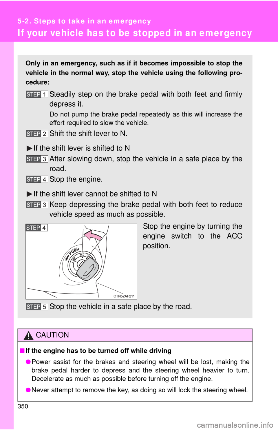 TOYOTA YARIS 2010 3.G Owners Manual 350
5-2. Steps to take in an emergency
If your vehicle has to be stopped in an emergency
CAUTION
■If the engine has to be turned off while driving
●Power assist for the brakes and steering wheel w TOYOTA YARIS 2010 3.G Owners Manual 350
5-2. Steps to take in an emergency
If your vehicle has to be stopped in an emergency
CAUTION
■If the engine has to be turned off while driving
●Power assist for the brakes and steering wheel w