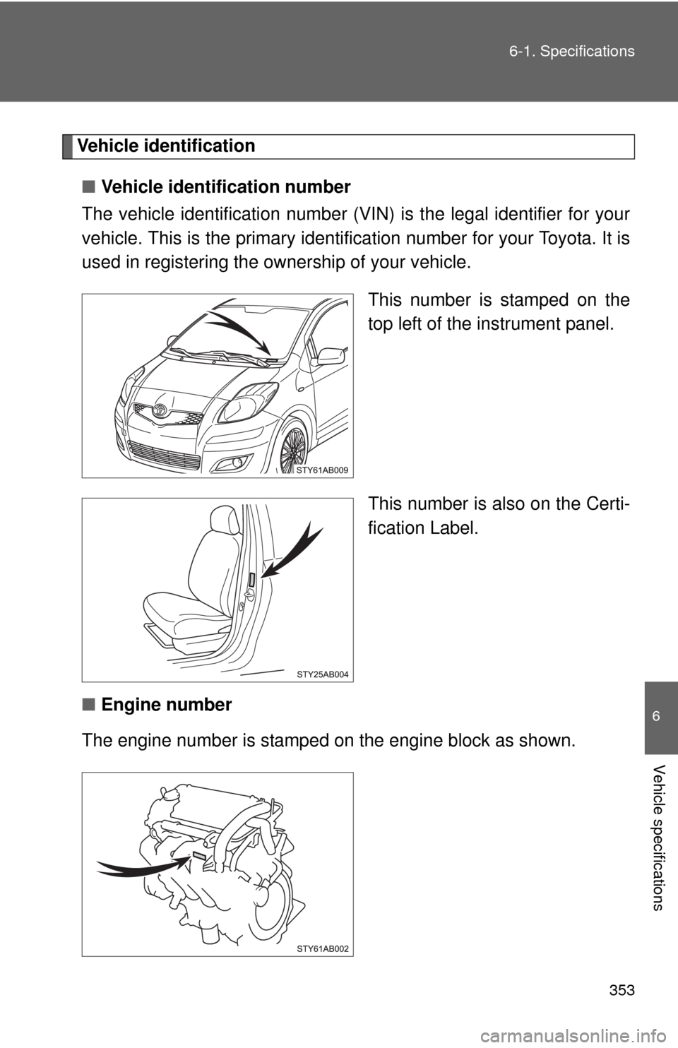 TOYOTA YARIS 2010 3.G Owners Manual 353 6-1. Specifications
6
Vehicle specifications
Vehicle identification
■Vehicle identification number
The vehicle identification number (VIN) is the legal identifier for your
vehicle. This is the p