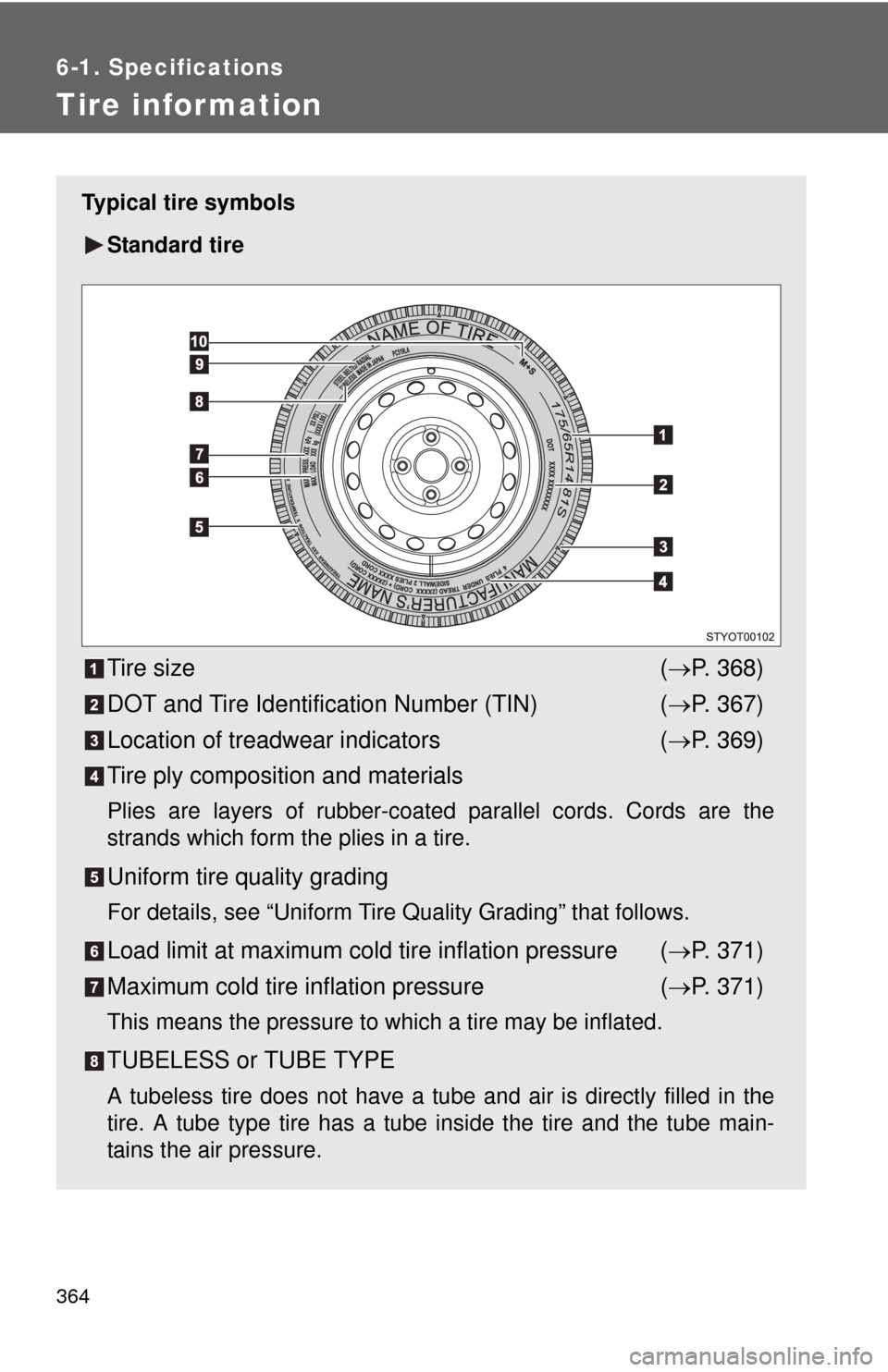 TOYOTA YARIS 2010 3.G Owners Manual 364
6-1. Specifications
Tire infor mation
Typical tire symbols
Standard tire
Tire size (P. 368)
DOT and Tire Identification Number (TIN) (P. 367)
Location of treadwear indicators (P. 369)
Tir