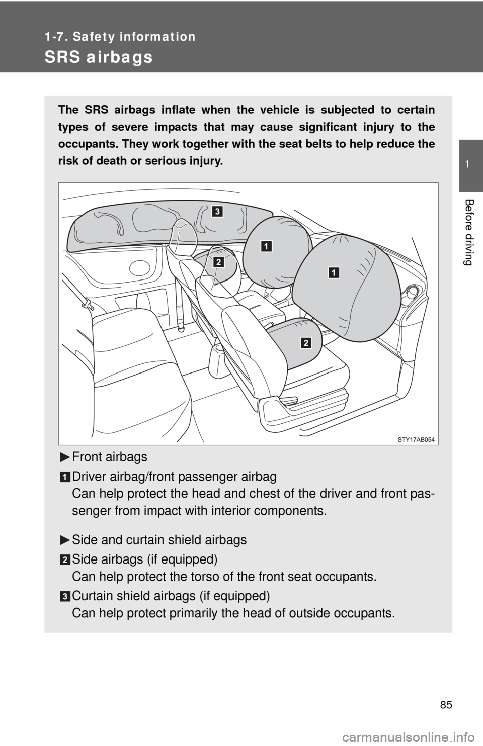 TOYOTA YARIS 2010 3.G Manual Online 85
1
1-7. Safety information
Before driving
SRS airbags
The SRS airbags inflate when the vehicle is subjected to certain
types of severe impacts that may cause significant injury to the
occupants. The TOYOTA YARIS 2010 3.G Manual Online 85
1
1-7. Safety information
Before driving
SRS airbags
The SRS airbags inflate when the vehicle is subjected to certain
types of severe impacts that may cause significant injury to the
occupants. The
