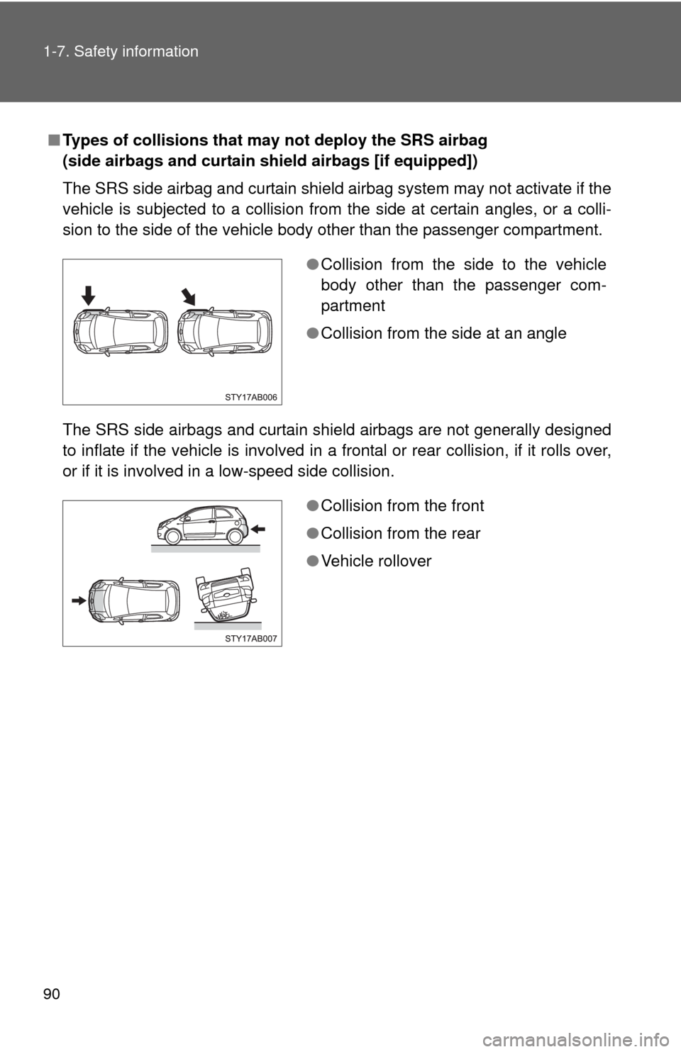 TOYOTA YARIS 2010 3.G User Guide 90 1-7. Safety information
■Types of collisions that may not deploy the SRS airbag 
(side airbags and curtain shield airbags [if equipped])
The SRS side airbag and curtain shield airbag system may n