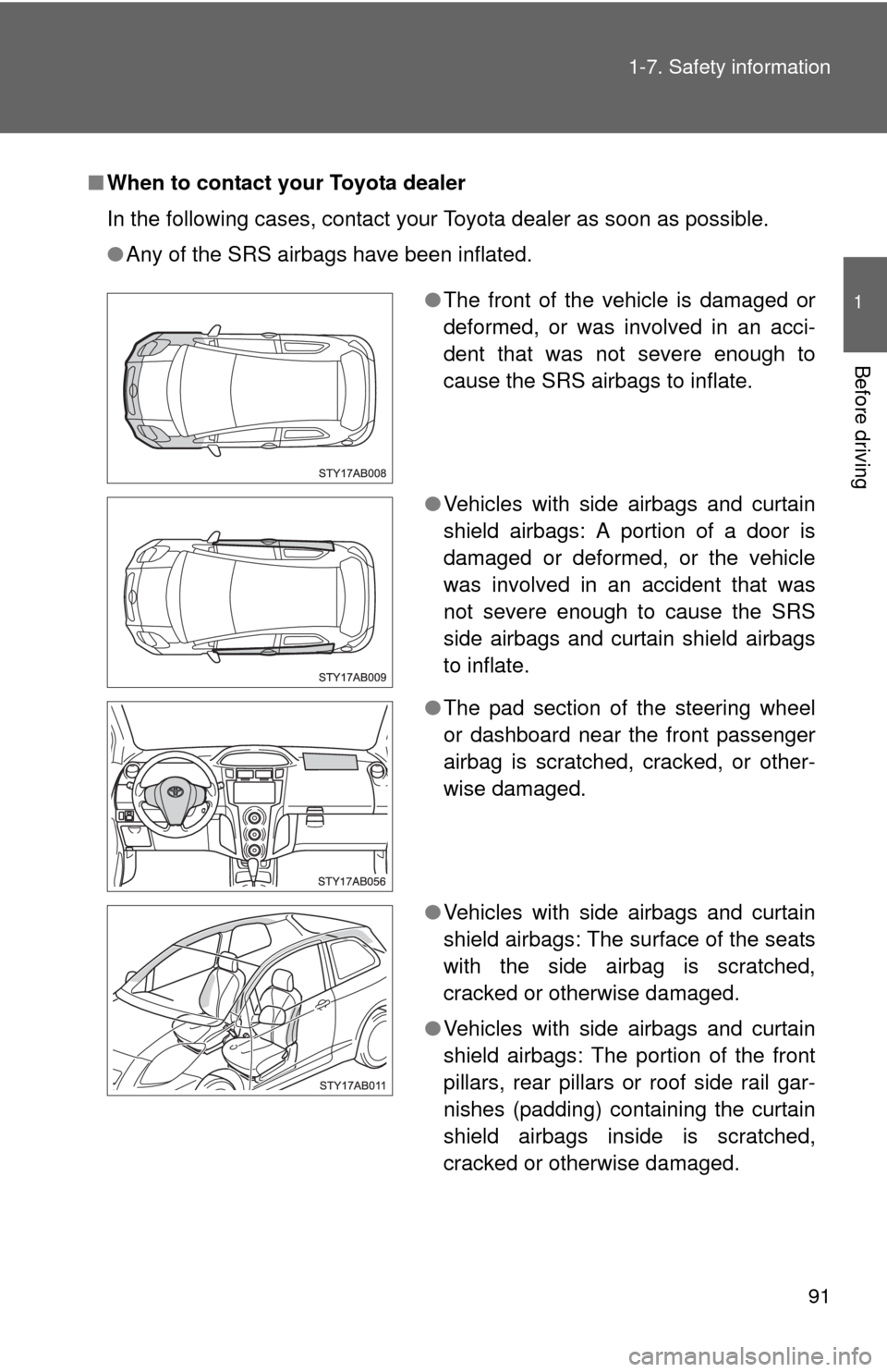 TOYOTA YARIS 2010 3.G User Guide 91 1-7. Safety information
1
Before driving
■When to contact your Toyota dealer
In the following cases, contact your Toyota dealer as soon as possible.
●Any of the SRS airbags have been inflated.
