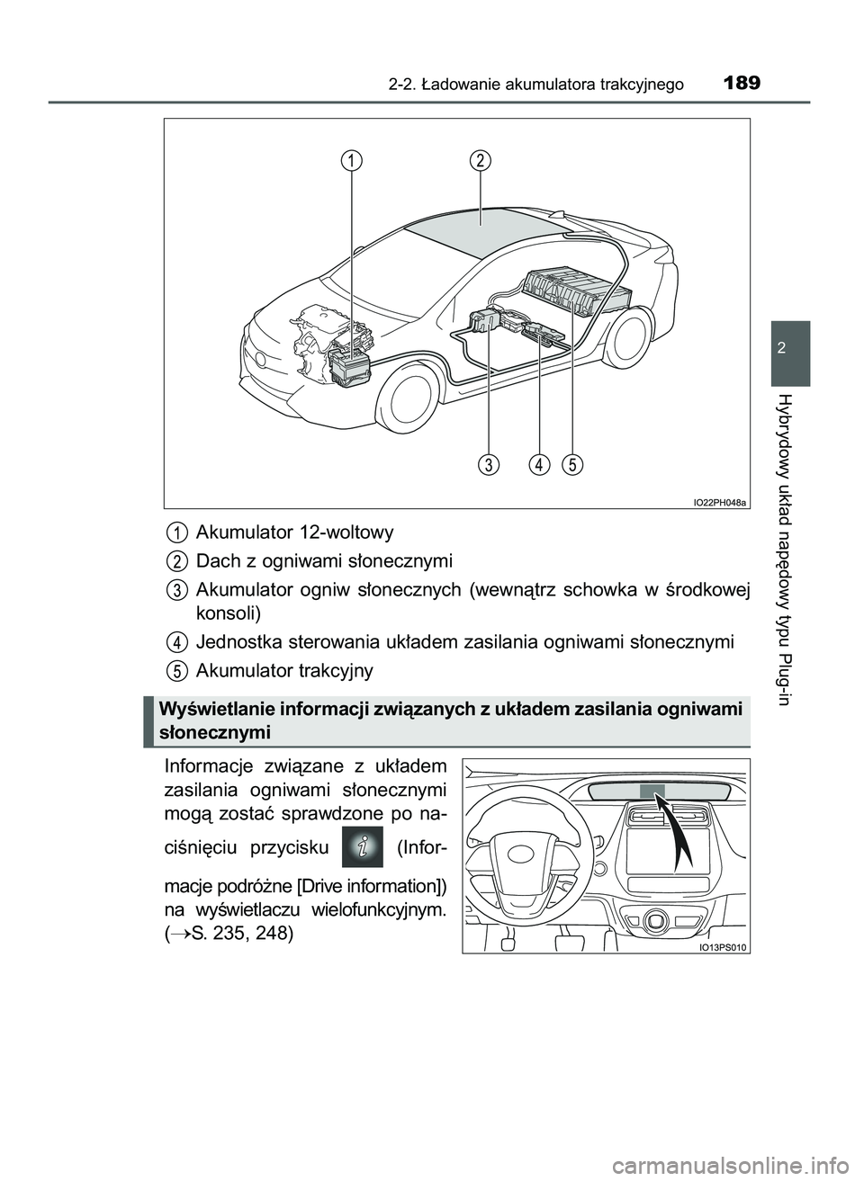 TOYOTA PRIUS PLUG-IN HYBRID 2021 Instrukcja obsługi (in Polish) Akumulator 12-woltowy
Dach z ogniwami s∏onecznymi
Akumulator ogniw s∏onecznych (wewnàtrz schowka w Êrodkowej
konsoli)
Jednostka sterowania uk∏adem zasilania ogniwami s∏onecznymi
Akumula TOYOTA PRIUS PLUG-IN HYBRID 2021 Instrukcja obsługi (in Polish) Akumulator 12-woltowy
Dach z ogniwami s∏onecznymi
Akumulator ogniw s∏onecznych (wewnàtrz schowka w Êrodkowej
konsoli)
Jednostka sterowania uk∏adem zasilania ogniwami s∏onecznymi
Akumula