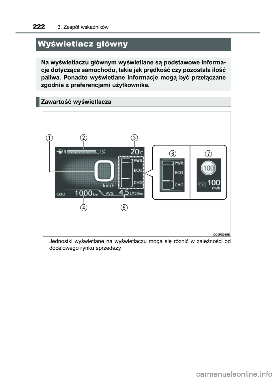 TOYOTA PRIUS PLUG-IN HYBRID 2021  Instrukcja obsługi (in Polish) Jednostki  wyÊwietlane  na  wyÊwietlaczu  mogà  si´  ró˝niç  w zale˝noÊci  od
docelowego rynku sprzeda˝y.
2223. Zespó∏ wskaêników
WyÊwietlacz g∏ówny
Na wyÊwietlaczu g∏ównym wyÊ
