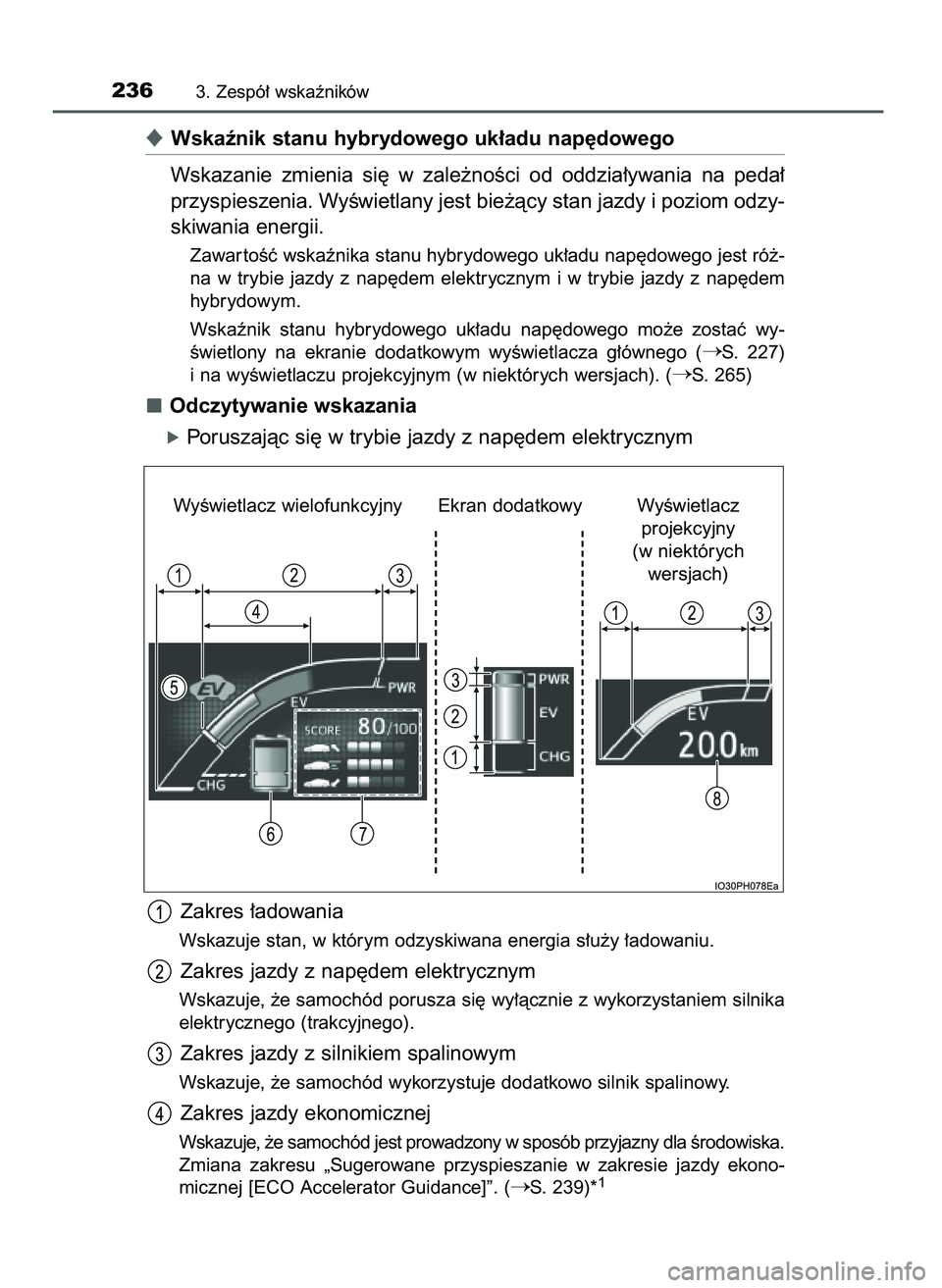 TOYOTA PRIUS PLUG-IN HYBRID 2021  Instrukcja obsługi (in Polish) Wskaênik stanu hybrydowego uk∏adu nap´dowego
Wskazanie  zmienia  si´  w zale˝noÊci  od  oddzia∏ywania  na  peda∏
przyspieszenia. WyÊwietlany jest bie˝àcy stan jazdy i poziom odzy-
skiwa