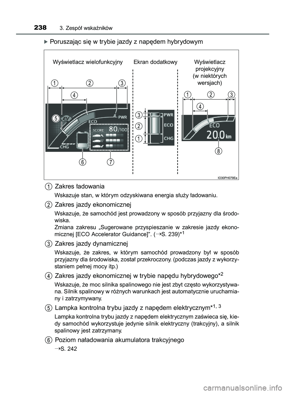 TOYOTA PRIUS PLUG-IN HYBRID 2021  Instrukcja obsługi (in Polish) óPoruszajàc si´ w trybie jazdy z nap´dem hybrydowym
Zakres ∏adowania
Wskazuje stan, w którym odzyskiwana energia s∏u˝y ∏adowaniu.
Zakres jazdy ekonomicznej
Wskazuje, ˝e samochód jest pro