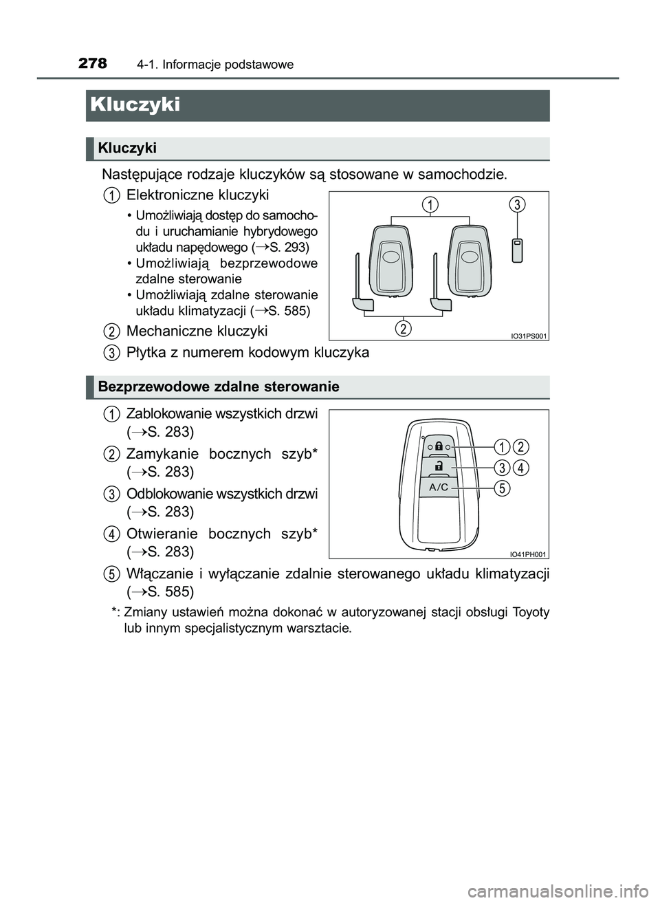 TOYOTA PRIUS PLUG-IN HYBRID 2021  Instrukcja obsługi (in Polish) Nast´pujàce rodzaje kluczyków sà stosowane w samochodzie.
Elektroniczne kluczyki
•  Umo˝liwiajà dost´p do samocho-
du  i uruchamianie  hybrydowego
uk∏adu nap´dowego (
S. 293)
• Umo˝liw