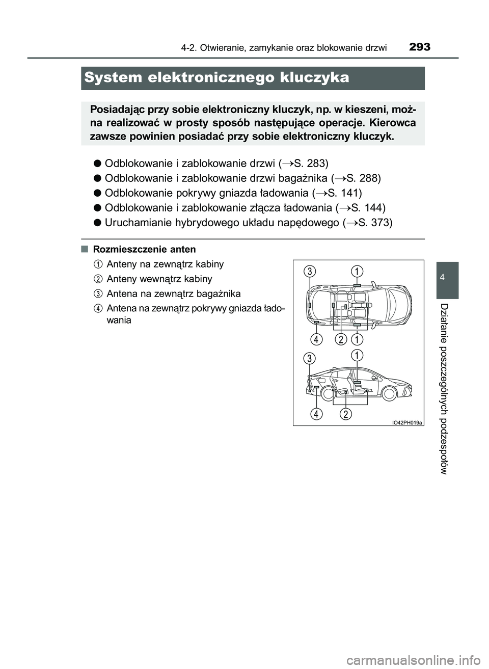 TOYOTA PRIUS PLUG-IN HYBRID 2021  Instrukcja obsługi (in Polish) Odblokowanie i zablokowanie drzwi (S. 283)
Odblokowanie i zablokowanie drzwi baga˝nika (
S. 288)
Odblokowanie pokrywy gniazda ∏adowania (
S. 141)
Odblokowanie i zablokowanie z∏àcza ∏adowani