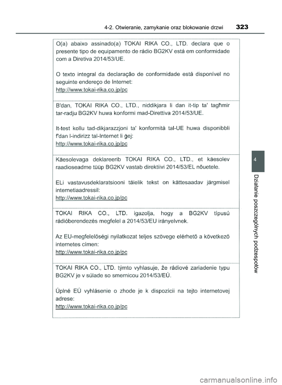 TOYOTA PRIUS PLUG-IN HYBRID 2021 Instrukcja obsługi (in Polish) 4-2. Otwieranie, zamykanie oraz blokowanie drzwi323
4
Dzia∏anie poszczególnych podzespo∏ów
36 Prius Plug_in HV OM47D72E 18/8/20 13:46 Page 323 TOYOTA PRIUS PLUG-IN HYBRID 2021 Instrukcja obsługi (in Polish) 4-2. Otwieranie, zamykanie oraz blokowanie drzwi323
4
Dzia∏anie poszczególnych podzespo∏ów
36 Prius Plug_in HV OM47D72E 18/8/20 13:46 Page 323