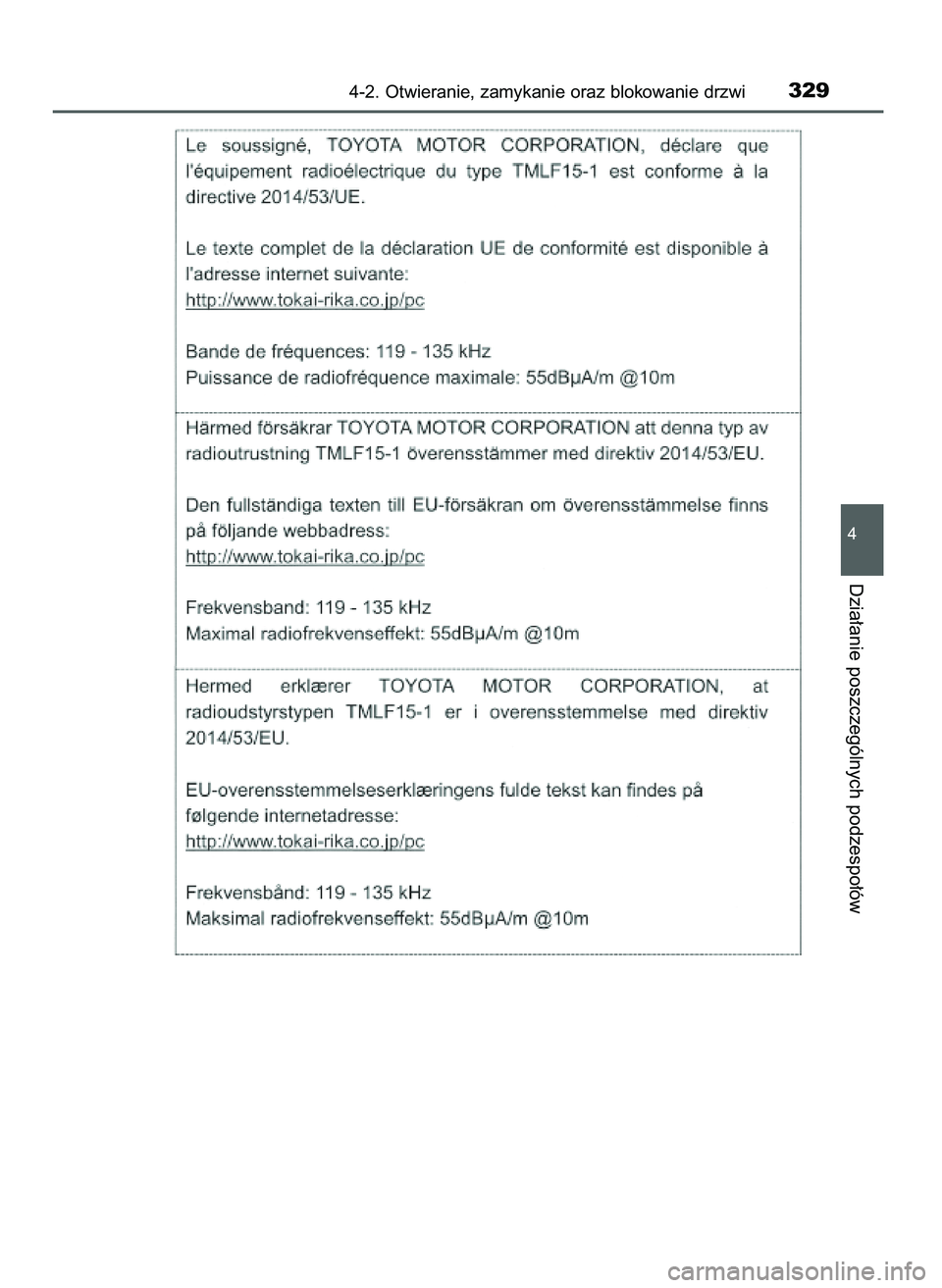 TOYOTA PRIUS PLUG-IN HYBRID 2021 Instrukcja obsługi (in Polish) 4-2. Otwieranie, zamykanie oraz blokowanie drzwi329
4
Dzia∏anie poszczególnych podzespo∏ów
36 Prius Plug_in HV OM47D72E 18/8/20 13:46 Page 329 TOYOTA PRIUS PLUG-IN HYBRID 2021 Instrukcja obsługi (in Polish) 4-2. Otwieranie, zamykanie oraz blokowanie drzwi329
4
Dzia∏anie poszczególnych podzespo∏ów
36 Prius Plug_in HV OM47D72E 18/8/20 13:46 Page 329