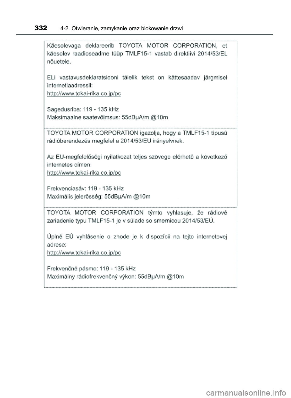 TOYOTA PRIUS PLUG-IN HYBRID 2021  Instrukcja obsługi (in Polish) 3324-2. Otwieranie, zamykanie oraz blokowanie drzwi
36 Prius Plug_in HV OM47D72E  18/8/20  13:46  Page 332 