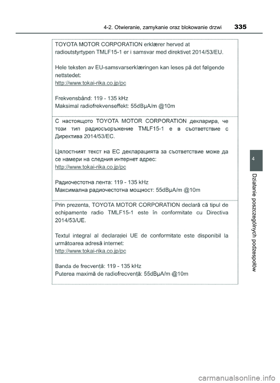 TOYOTA PRIUS PLUG-IN HYBRID 2021  Instrukcja obsługi (in Polish) 4-2. Otwieranie, zamykanie oraz blokowanie drzwi335
4
Dzia∏anie poszczególnych podzespo∏ów
36 Prius Plug_in HV OM47D72E  18/8/20  13:46  Page 335 