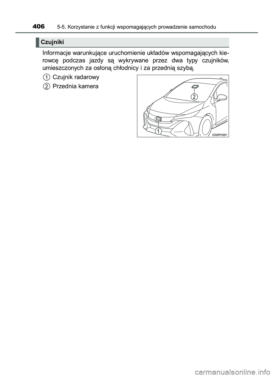 TOYOTA PRIUS PLUG-IN HYBRID 2021  Instrukcja obsługi (in Polish) Informacje warunkujàce uruchomienie uk∏adów wspomagajàcych kie-
rowc´  podczas  jazdy  sà  wykrywane  przez  dwa  typy  czujników,
umieszczonych za os∏onà ch∏odnicy i za przednià szybà.