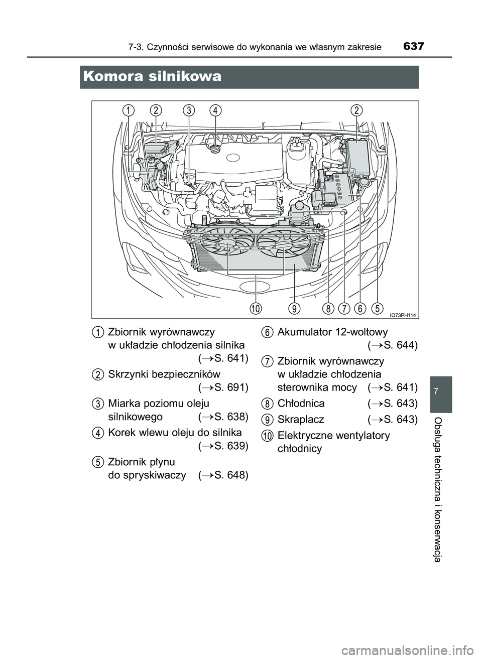 TOYOTA PRIUS PLUG-IN HYBRID 2021  Instrukcja obsługi (in Polish) 7-3. CzynnoÊci serwisowe do wykonania we w∏asnym zakresie637
7
Obs∏uga techniczna i konserwacja
Komora silnikowa
Zbiornik wyrównawczy
w uk∏adzie ch∏odzenia silnika 
(
S. 641)
Skrzynki bezpi
