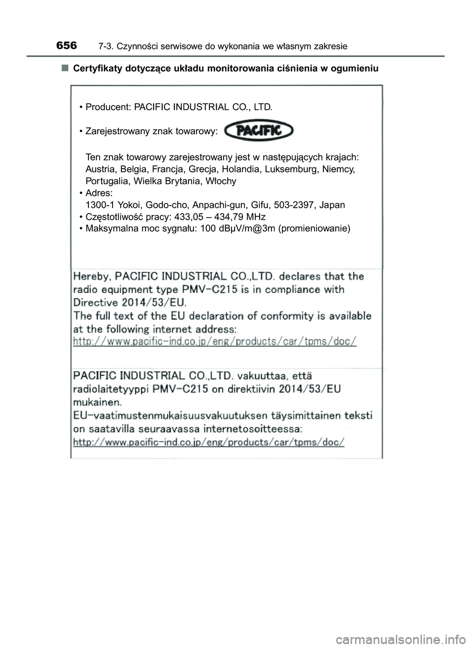 TOYOTA PRIUS PLUG-IN HYBRID 2021  Instrukcja obsługi (in Polish) Certyfikaty dotyczàce uk∏adu monitorowania ciÊnienia w ogumieniu
6567-3. CzynnoÊci serwisowe do wykonania we w∏asnym zakresie
• Producent: PACIFIC INDUSTRIAL CO., LTD.
• Zarejestrowany znak