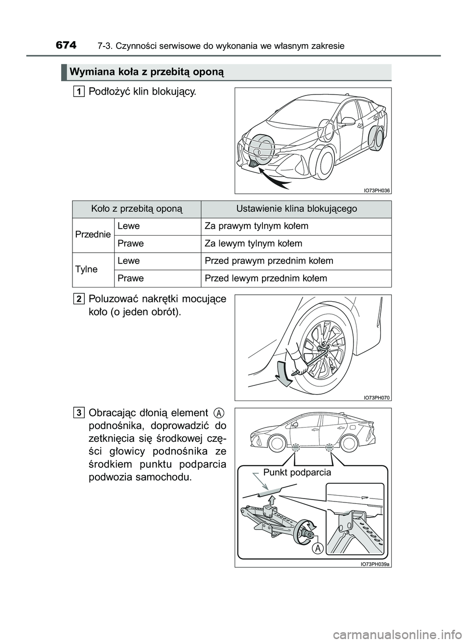 TOYOTA PRIUS PLUG-IN HYBRID 2021  Instrukcja obsługi (in Polish) Pod∏o˝yç klin blokujàcy.
Poluzowaç  nakr´tki  mocujàce
ko∏o (o jeden obrót).
Obracajàc  d∏onià  element 
podnoÊnika,  doprowadziç  do
zetkni´cia  si´  Êrodkowej  cz´-
Êci  g∏ow