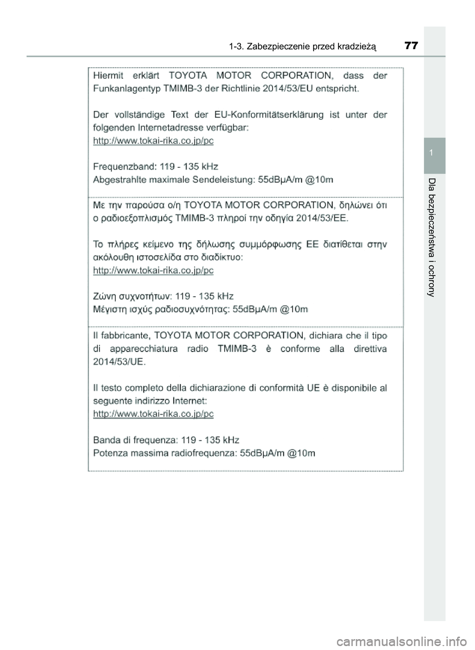 TOYOTA PRIUS PLUG-IN HYBRID 2021  Instrukcja obsługi (in Polish) 1-3. Zabezpieczenie przed kradzie˝à77
1
Dla bezpieczeƒstwa i ochrony
36 Prius Plug_in HV OM47D72E  18/8/20  13:44  Page 77 