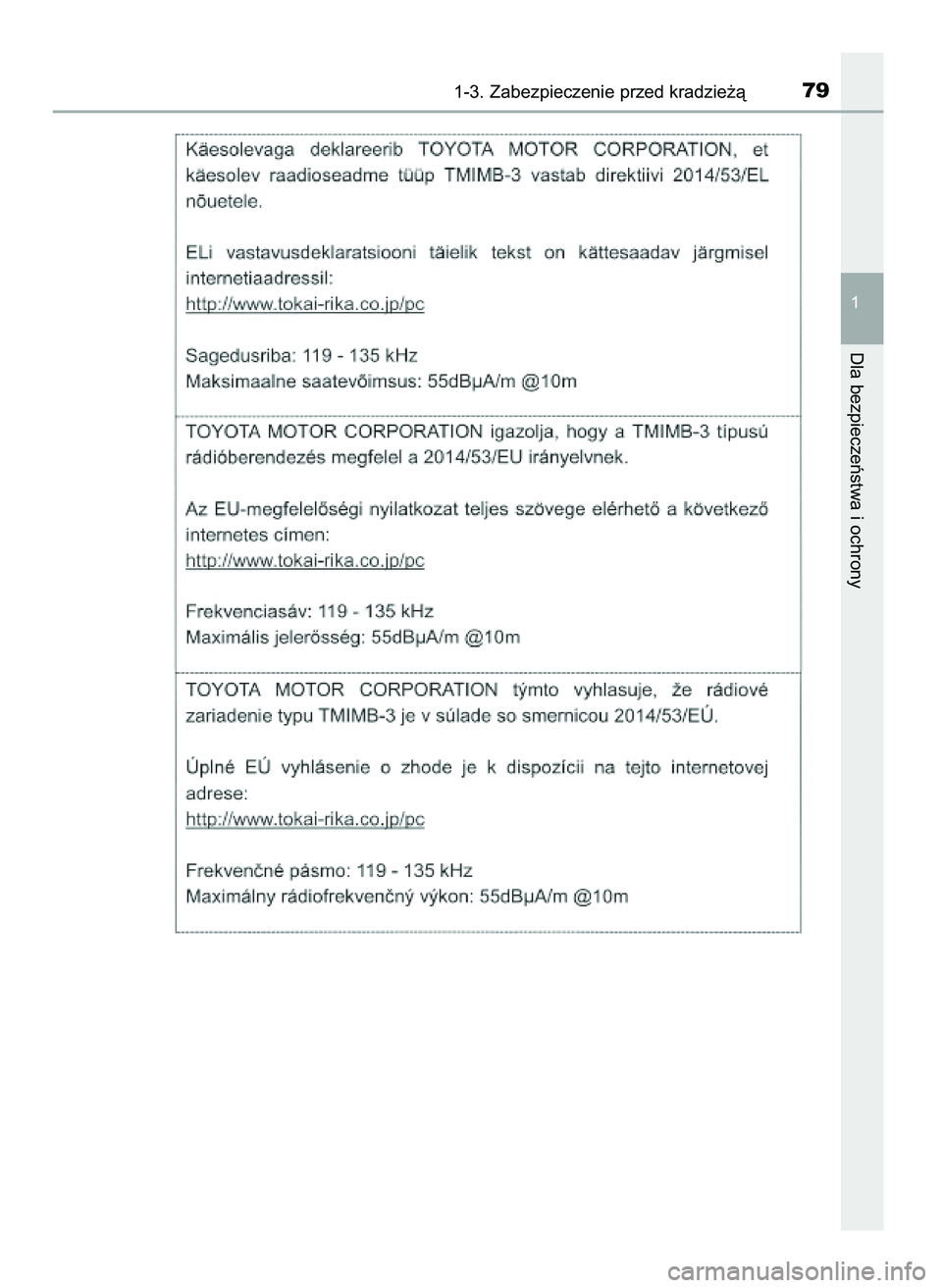 TOYOTA PRIUS PLUG-IN HYBRID 2021  Instrukcja obsługi (in Polish) 1-3. Zabezpieczenie przed kradzie˝à79
1
Dla bezpieczeƒstwa i ochrony
36 Prius Plug_in HV OM47D72E  18/8/20  13:44  Page 79 