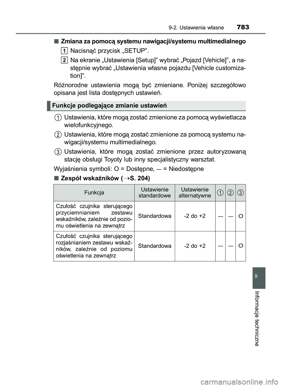 TOYOTA PRIUS PLUG-IN HYBRID 2021  Instrukcja obsługi (in Polish) Zmiana za pomocà systemu nawigacji/systemu multimedialnego
Nacisnàç przycisk „SETUP”.
Na ekranie „Ustawienia [Setup]” wybraç „Pojazd [Vehicle]”, a na-
st´pnie wybraç „Ustawienia w