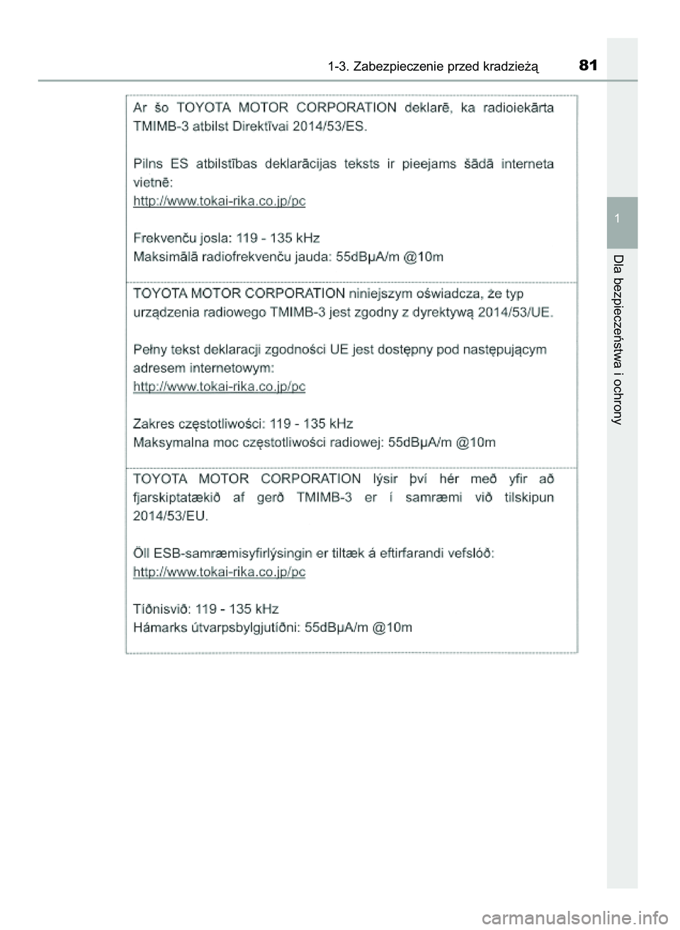 TOYOTA PRIUS PLUG-IN HYBRID 2021  Instrukcja obsługi (in Polish) 1-3. Zabezpieczenie przed kradzie˝à81
1
Dla bezpieczeƒstwa i ochrony
36 Prius Plug_in HV OM47D72E  18/8/20  13:44  Page 81 