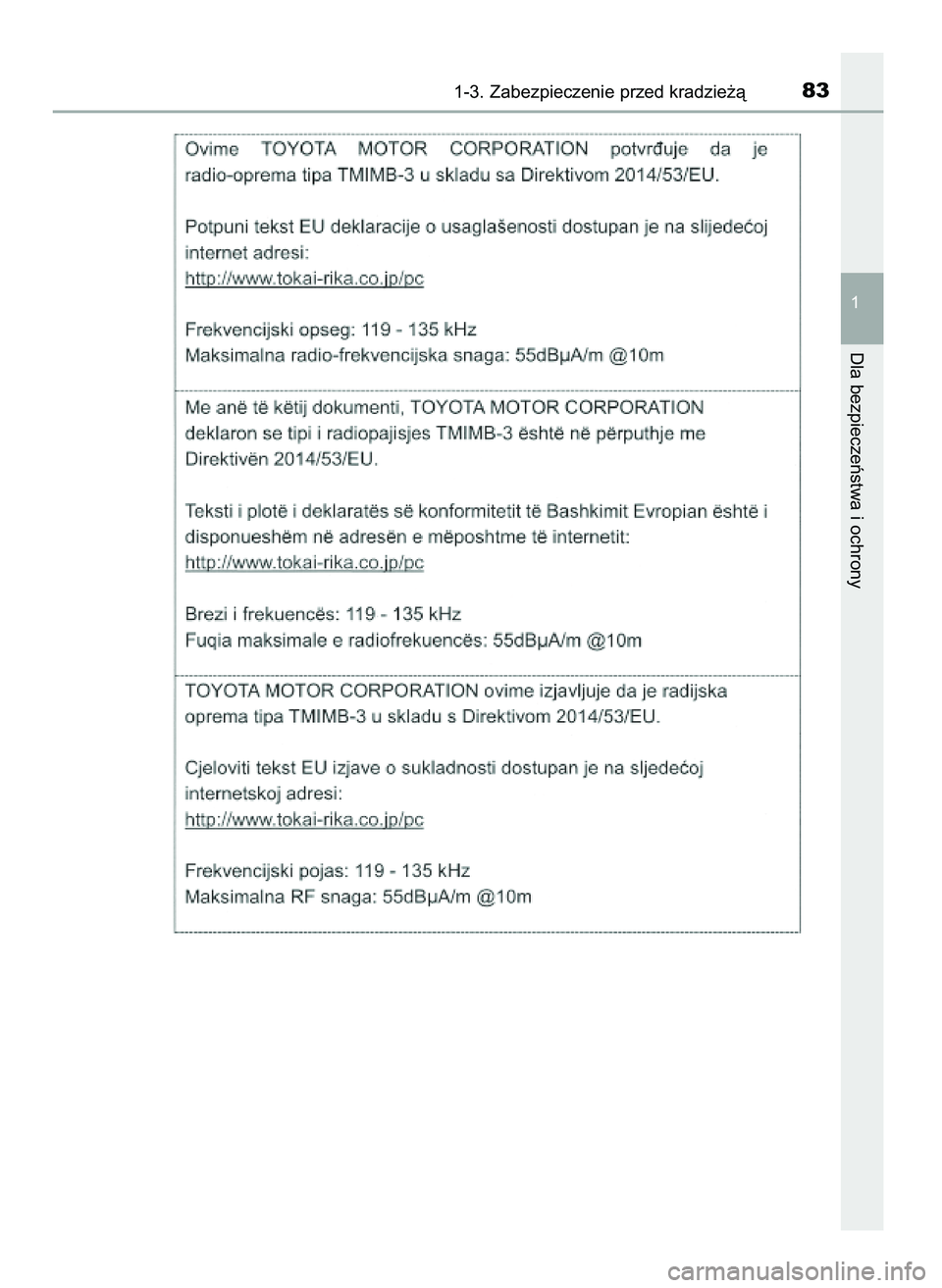 TOYOTA PRIUS PLUG-IN HYBRID 2021  Instrukcja obsługi (in Polish) 1-3. Zabezpieczenie przed kradzie˝à83
1
Dla bezpieczeƒstwa i ochrony
36 Prius Plug_in HV OM47D72E  18/8/20  13:44  Page 83 