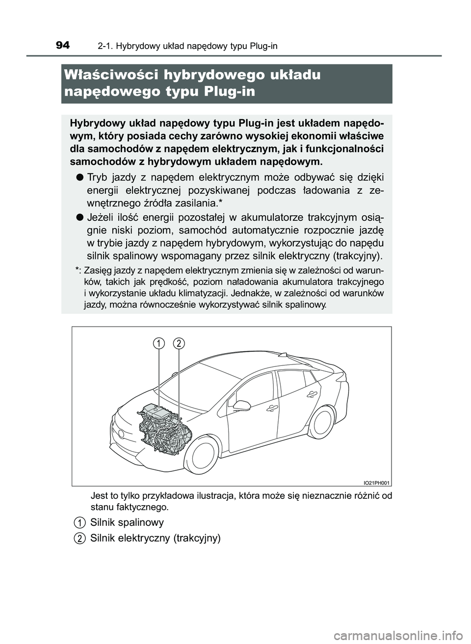 TOYOTA PRIUS PLUG-IN HYBRID 2021  Instrukcja obsługi (in Polish) Jest to tylko przyk∏adowa ilustracja, która mo˝e si´ nieznacznie ró˝niç od
stanu faktycznego.
Silnik spalinowy
Silnik elektryczny (trakcyjny)
942-1. Hybrydowy uk∏ad nap´dowy typu Plug-in
W