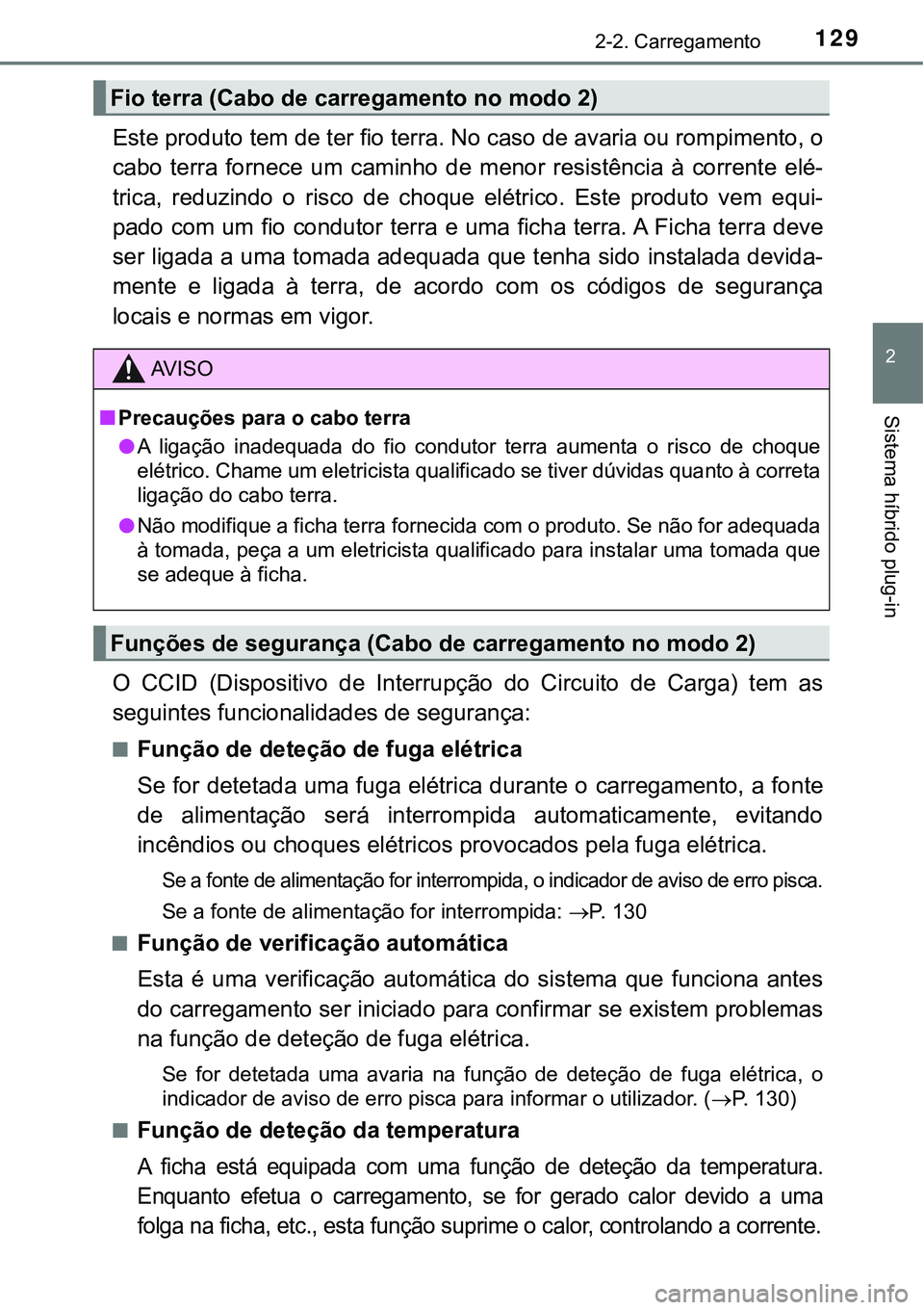 TOYOTA PRIUS PLUG-IN HYBRID 2021 Manual de utilização (in Portuguese) 1292-2. Carregamento
2
Sistema híbrido plug-in
Este produto tem de ter fio terra. No caso de avaria ou rompimento, o
cabo terra fornece um caminho de menor resistência à corrente elé-
tri TOYOTA PRIUS PLUG-IN HYBRID 2021 Manual de utilização (in Portuguese) 1292-2. Carregamento
2
Sistema híbrido plug-in
Este produto tem de ter fio terra. No caso de avaria ou rompimento, o
cabo terra fornece um caminho de menor resistência à corrente elé-
tri