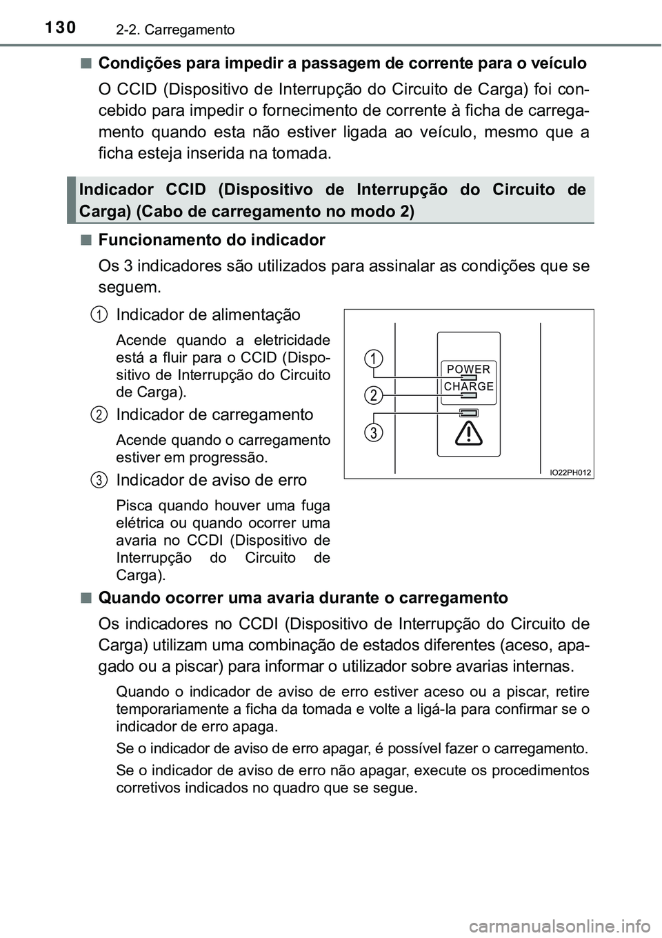 TOYOTA PRIUS PLUG-IN HYBRID 2021 Manual de utilização (in Portuguese) 1302-2. Carregamento
■Condições para impedir a passagem de corrente para o veículo
O CCID (Dispositivo de Interrupção do Circuito de Carga) foi con-
cebido para impedir o fornecimento TOYOTA PRIUS PLUG-IN HYBRID 2021 Manual de utilização (in Portuguese) 1302-2. Carregamento
■Condições para impedir a passagem de corrente para o veículo
O CCID (Dispositivo de Interrupção do Circuito de Carga) foi con-
cebido para impedir o fornecimento