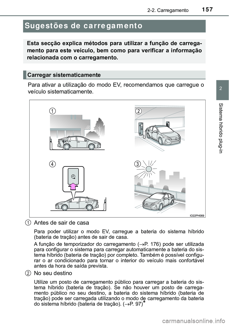 TOYOTA PRIUS PLUG-IN HYBRID 2021 Manual de utilização (in Portuguese) 157
2
2-2. Carregamento
Sistema híbrido plug-in
Sugestões de carregamento
Para ativar a utilização do modo EV, recomendamos que carregue o
veículo sistematicamente.
Antes de sair de casa
P TOYOTA PRIUS PLUG-IN HYBRID 2021 Manual de utilização (in Portuguese) 157
2
2-2. Carregamento
Sistema híbrido plug-in
Sugestões de carregamento
Para ativar a utilização do modo EV, recomendamos que carregue o
veículo sistematicamente.
Antes de sair de casa
P